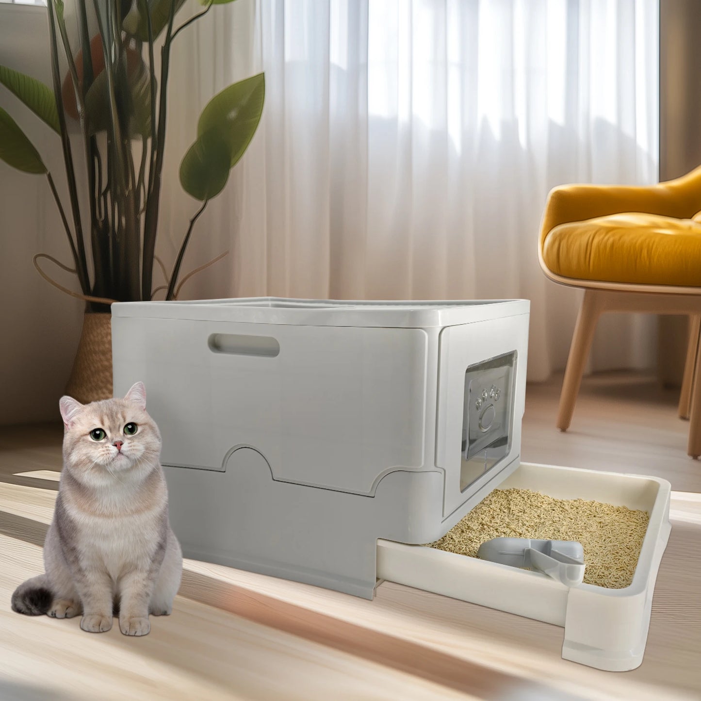 Bingopaw Cat Litter Box with Lid Enclosed Potty Large Top Entry Anti Splashing Toilet Easy to Clean with Litter Scoop