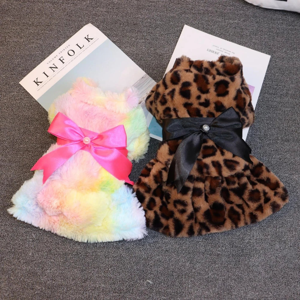 Winter Autumn Pet Warm Fashion Skirt Fleece Rainbow Candy Color Cute Plush Leopard Print Bow Dog Dress