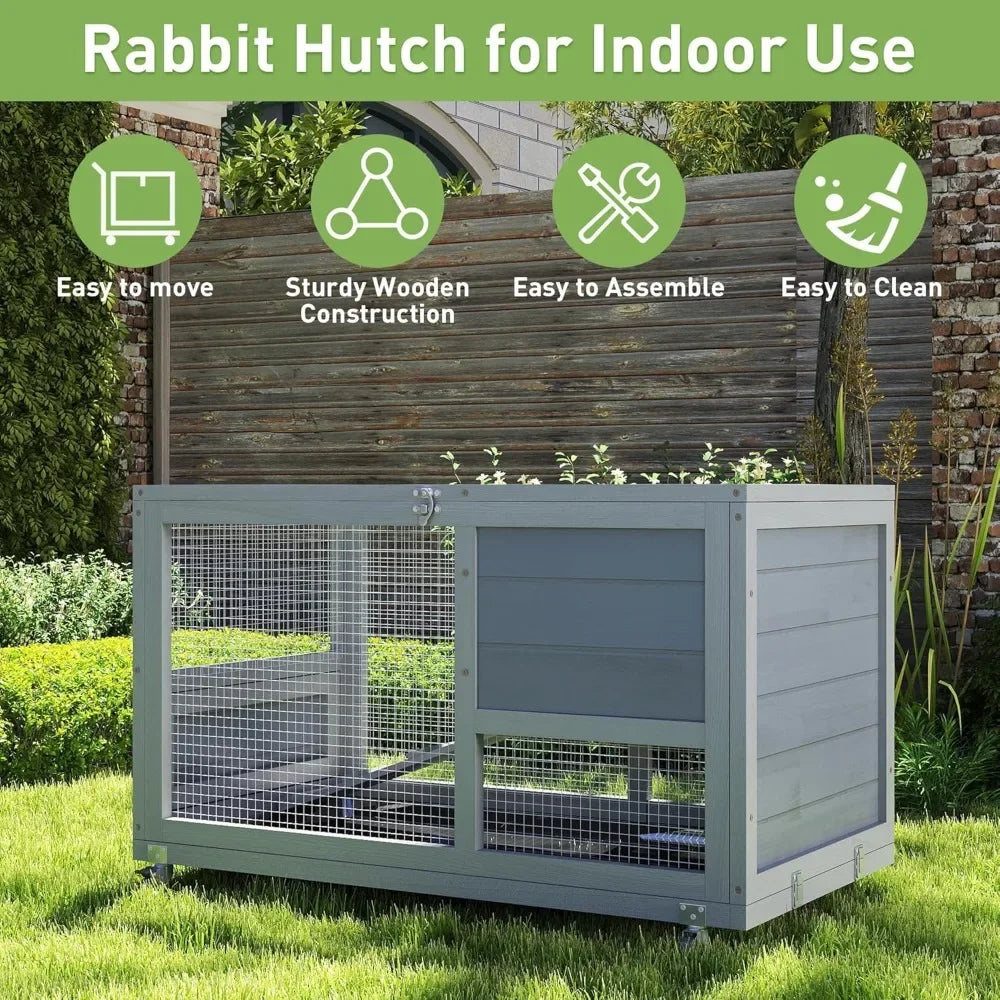 Fashionable Wood 36 Inch Rabbit Hutch Indoor on Wheels Bunny Cage Outdoor Rabbit Cage with Clean Tray and Openable Roof