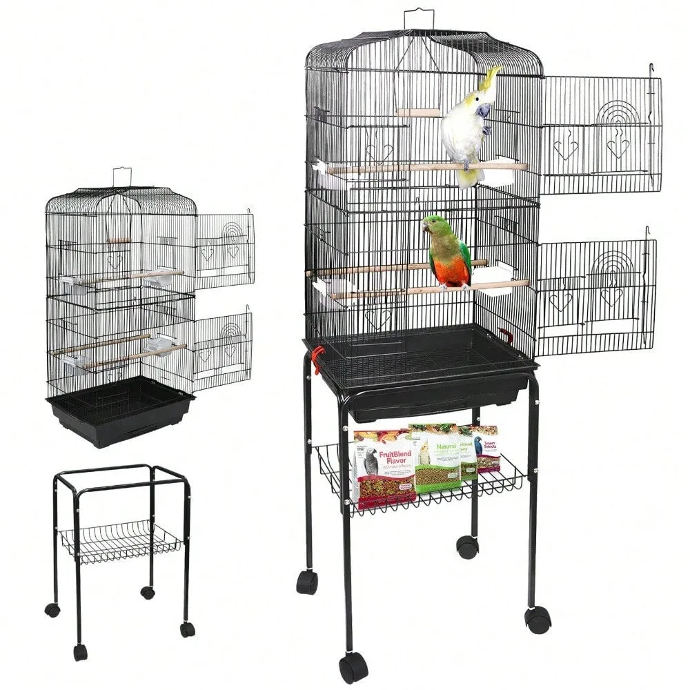 59 Inch Tall Rolling Bird Cage for Cockatiel Parakeet Finch Canary with Stand and Tray