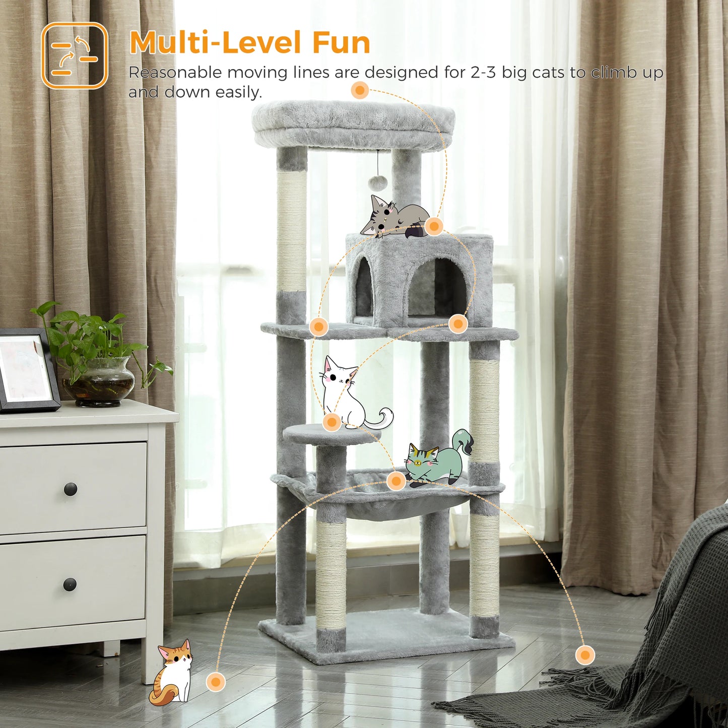 Cat Tree for Indoor Cats 5 Level Cat Tower with Large Hammock and Cozy Condo for Large Cats