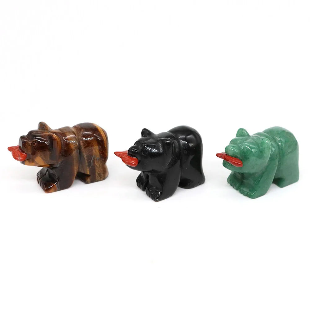 1.6" Natural Crystal Bear With Fish Figurine Healing Reiki Gemstone Carving Animal Statue Small Home Decoration Present Souvenir