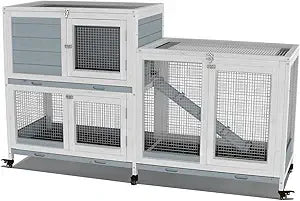 Two Floors 58" Wooden Indoor Bunny Hutch Rabbit Cage on Wheels Guinea Pig PET House for Small to Medium Animals Waterproof No L