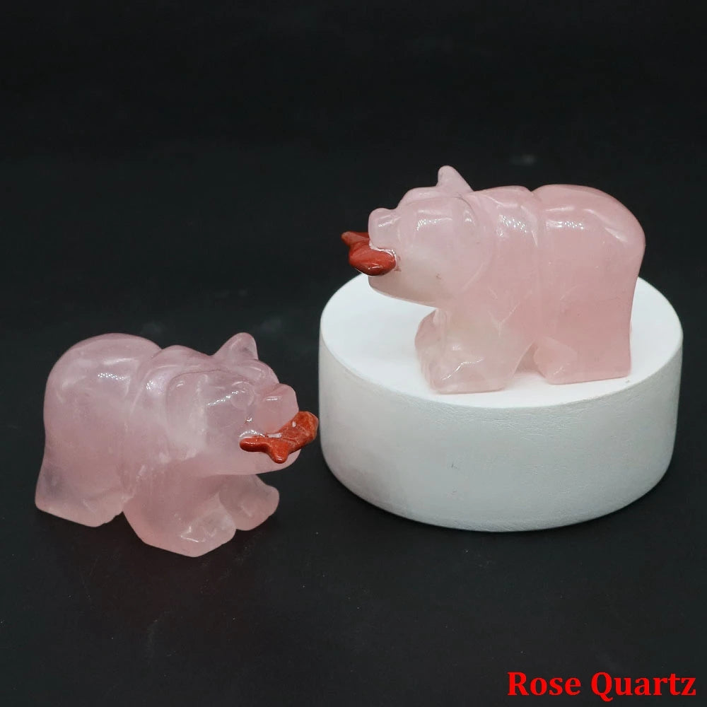 1.6" Natural Crystal Bear With Fish Figurine Healing Reiki Gemstone Carving Animal Statue Small Home Decoration Present Souvenir