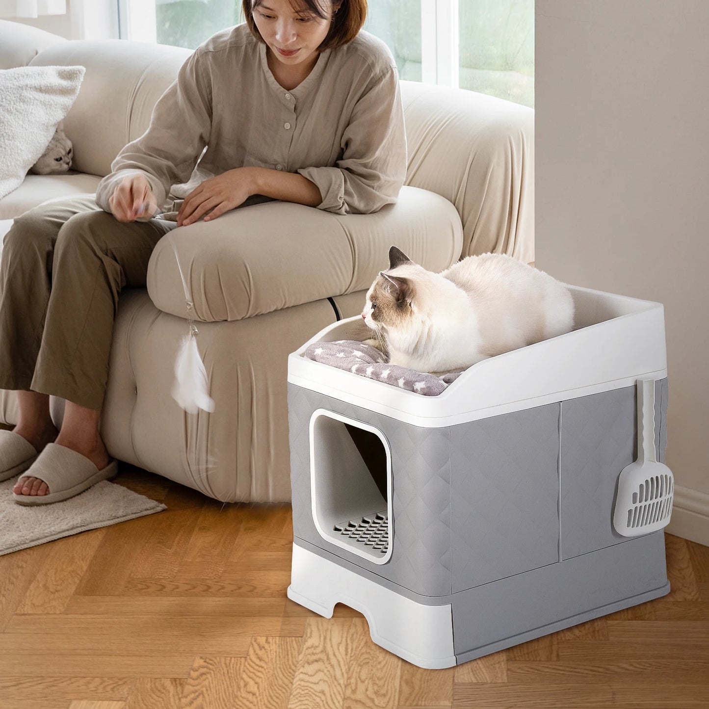 Bingopaw Cat Litter Box with Lid Enclosed Potty Large Top Entry Anti Splashing Toilet Easy to Clean with Litter Scoop