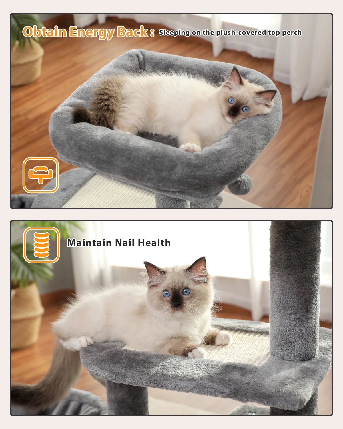 H228cm Cat Tree Toy Condo Multi-Layer Climbing Tower with Hammock Solid Wood Post for Cats