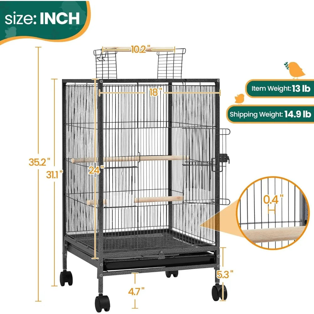 Wrought Iron Bird Cage w/Play Open Top and Rolling Stand for Small Birds Like Parrots Conure Lovebird Cockatie