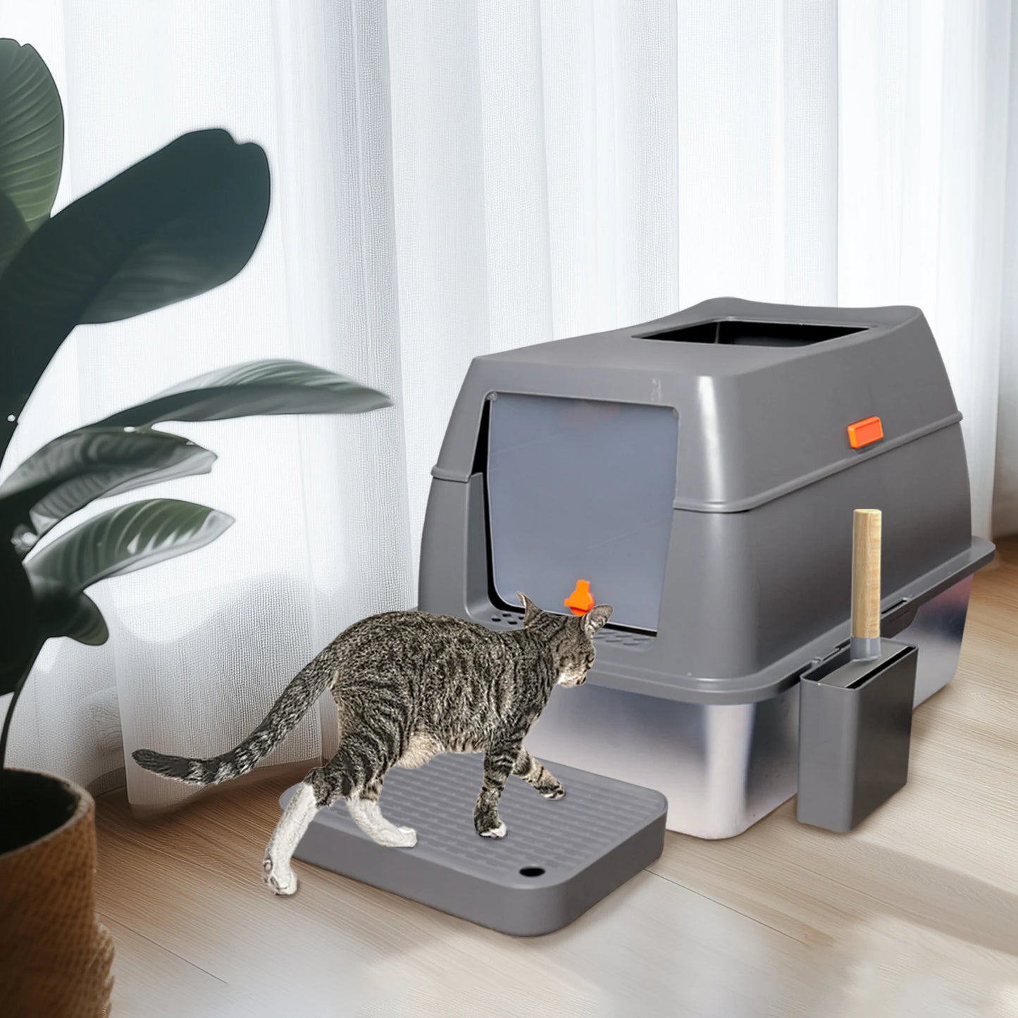 Bingopaw Cat Litter Box with Lid Enclosed Potty Large Top Entry Anti Splashing Toilet Easy to Clean with Litter Scoop