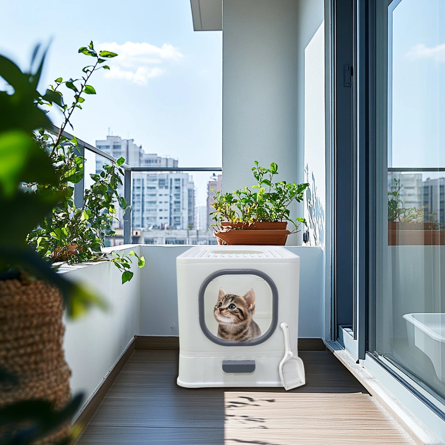 Bingopaw Cat Litter Box with Lid Enclosed Potty Large Top Entry Anti Splashing Toilet Easy to Clean with Litter Scoop