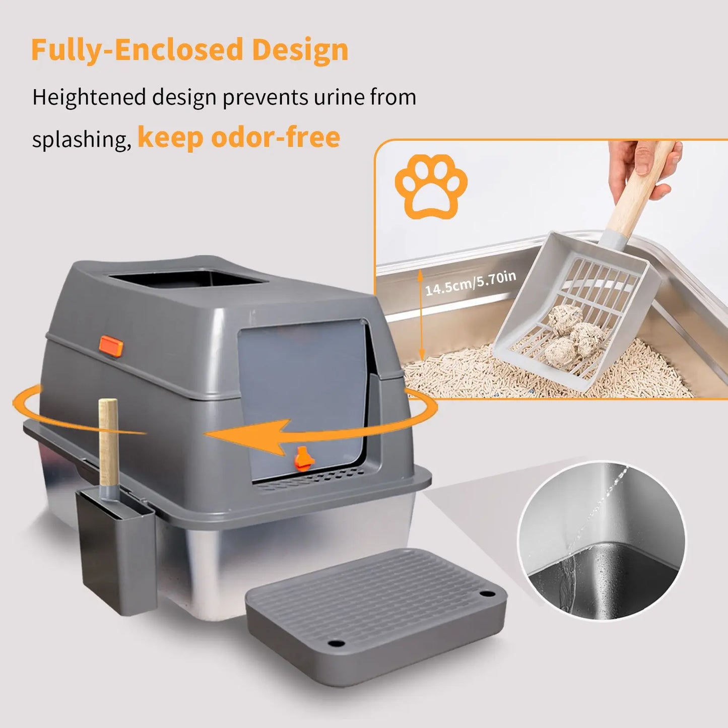 Bingopaw Cat Litter Box with Lid Enclosed Potty Large Top Entry Anti Splashing Toilet Easy to Clean with Litter Scoop