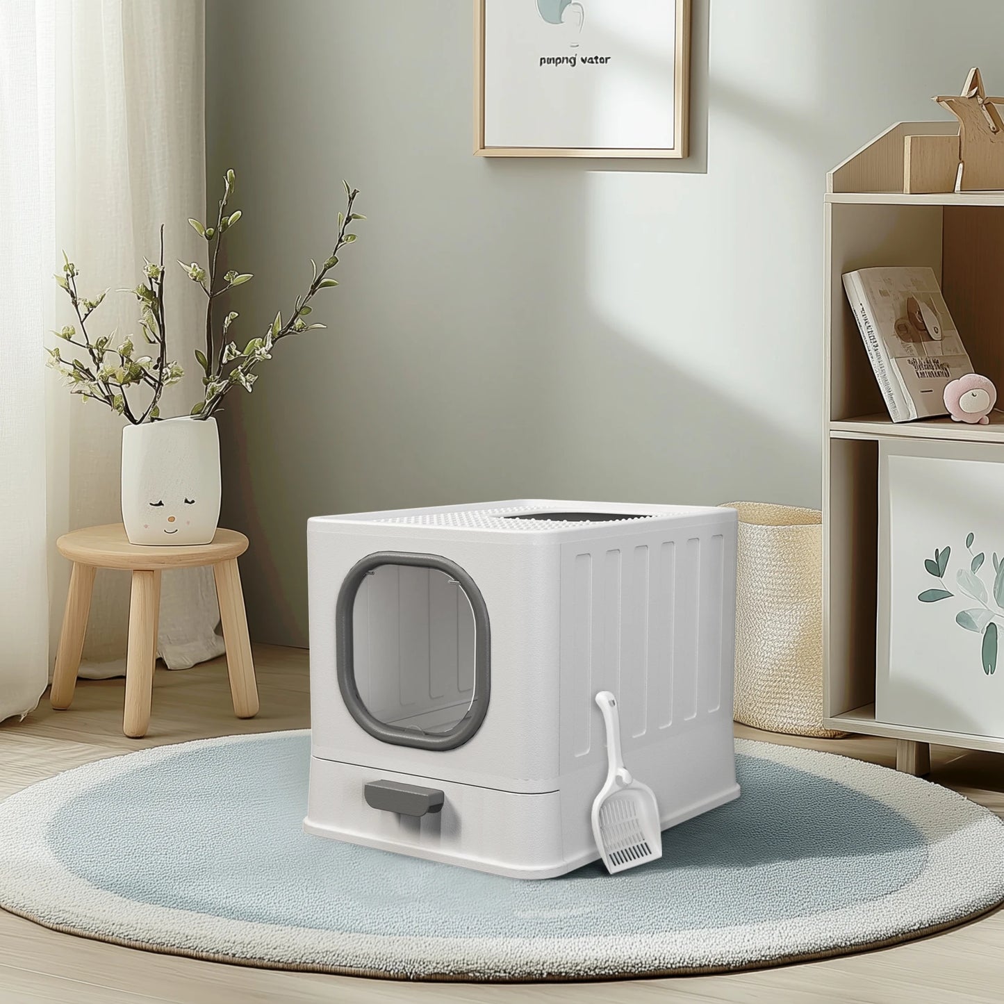 Bingopaw Cat Litter Box with Lid Enclosed Potty Large Top Entry Anti Splashing Toilet Easy to Clean with Litter Scoop