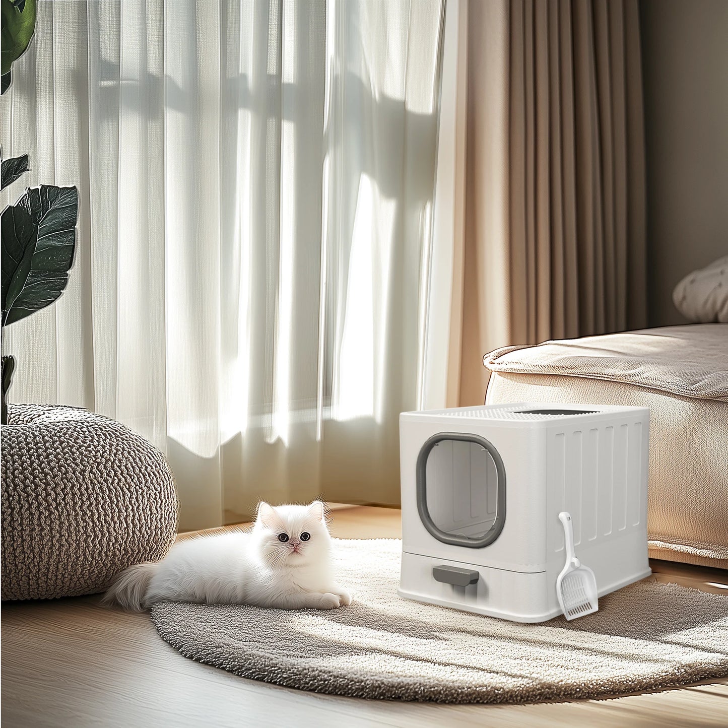 Bingopaw Cat Litter Box with Lid Enclosed Potty Large Top Entry Anti Splashing Toilet Easy to Clean with Litter Scoop
