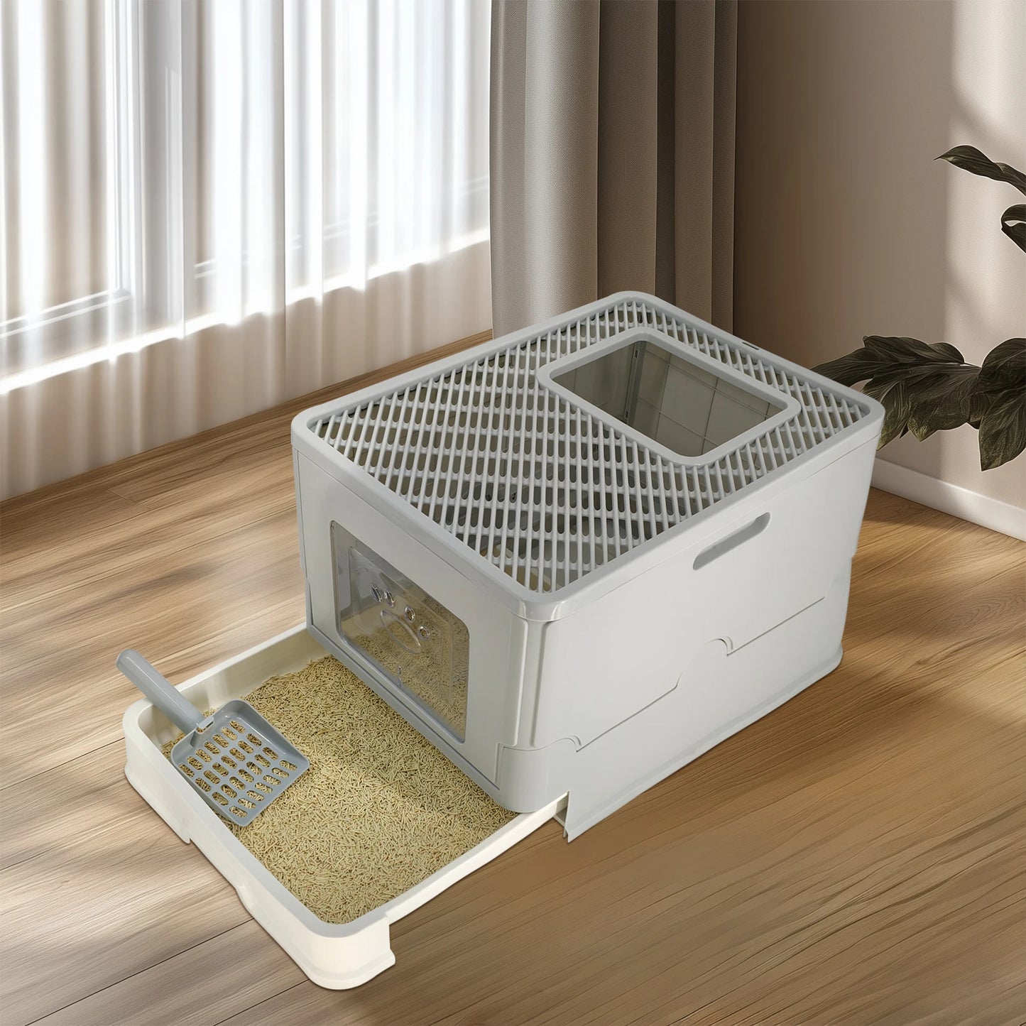 Bingopaw Cat Litter Box with Lid Enclosed Potty Large Top Entry Anti Splashing Toilet Easy to Clean with Litter Scoop