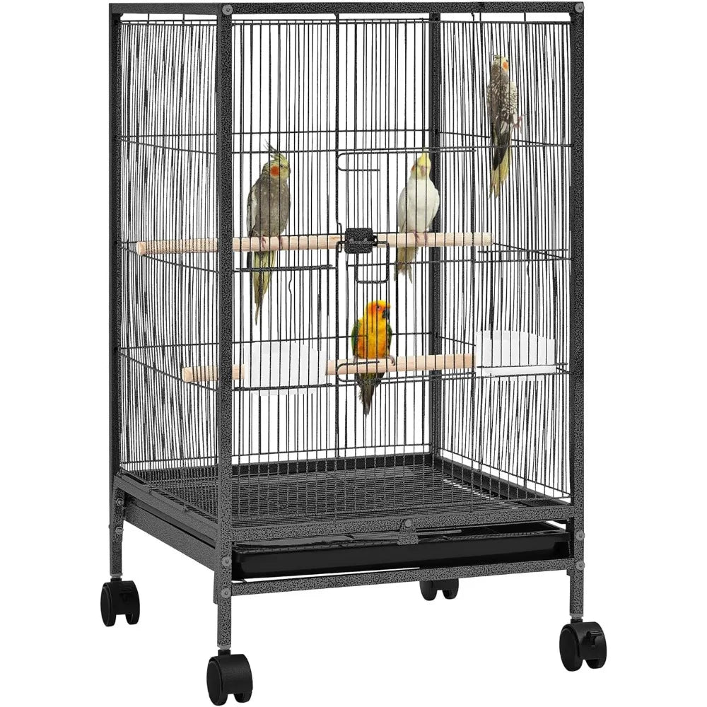 Wrought Iron Bird Cage w/Play Open Top and Rolling Stand for Small Birds Like Parrots Conure Lovebird Cockatie