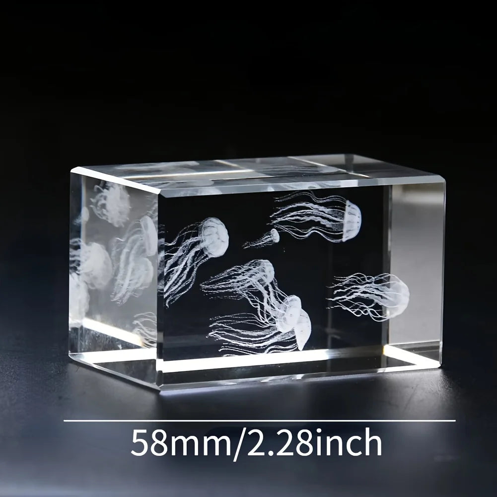 3D Laser Carving Jellyfish Crystal Cube Glass Crafts Figurines Miniatures Sculpture Paperweight Ocean Home Decor Gift Photo Prop