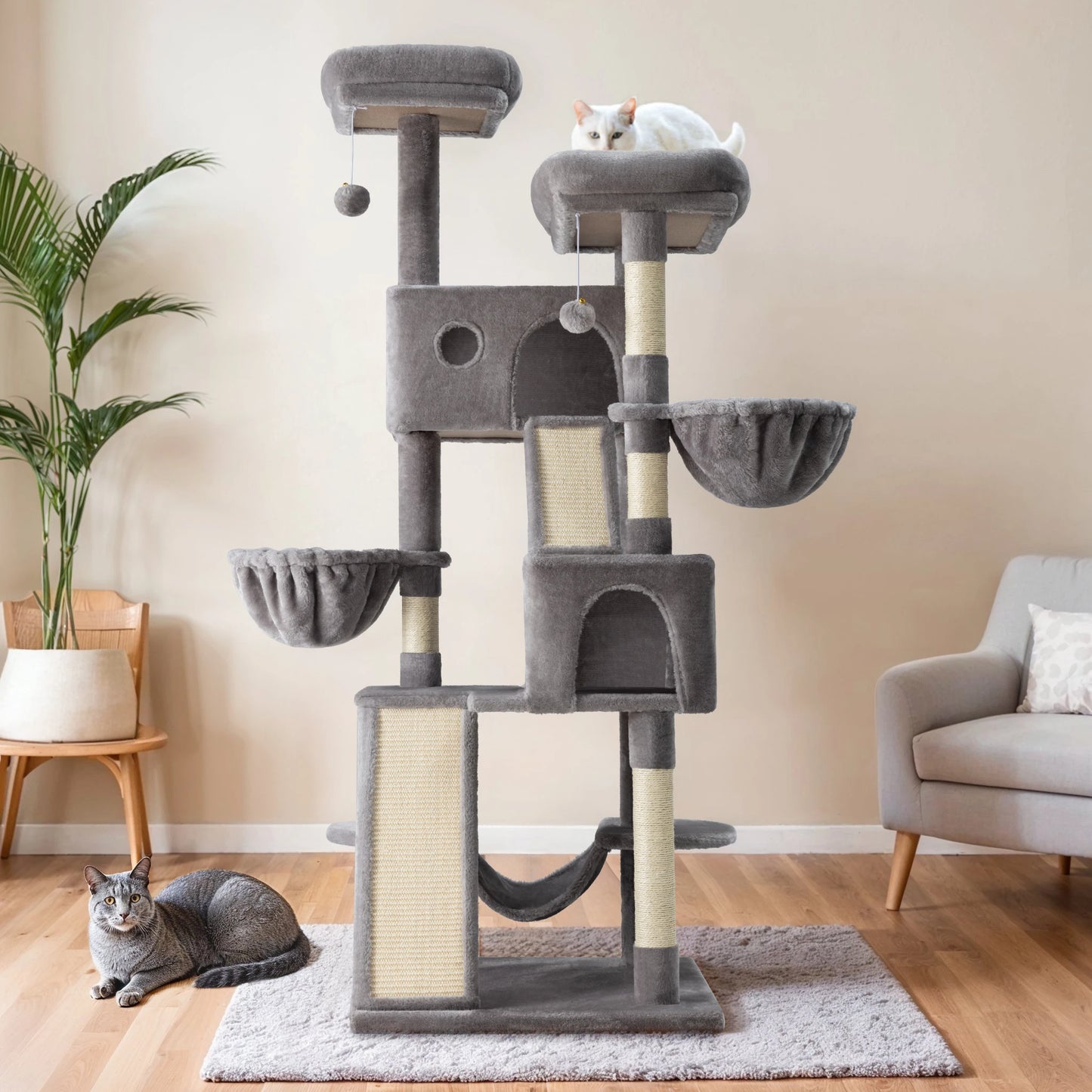 Hoomic 65 Inch Multi Level Large Cat Tree Tower Cozy Plush Cat Perches Cat Condo with Baskets Sisal Scratching Post