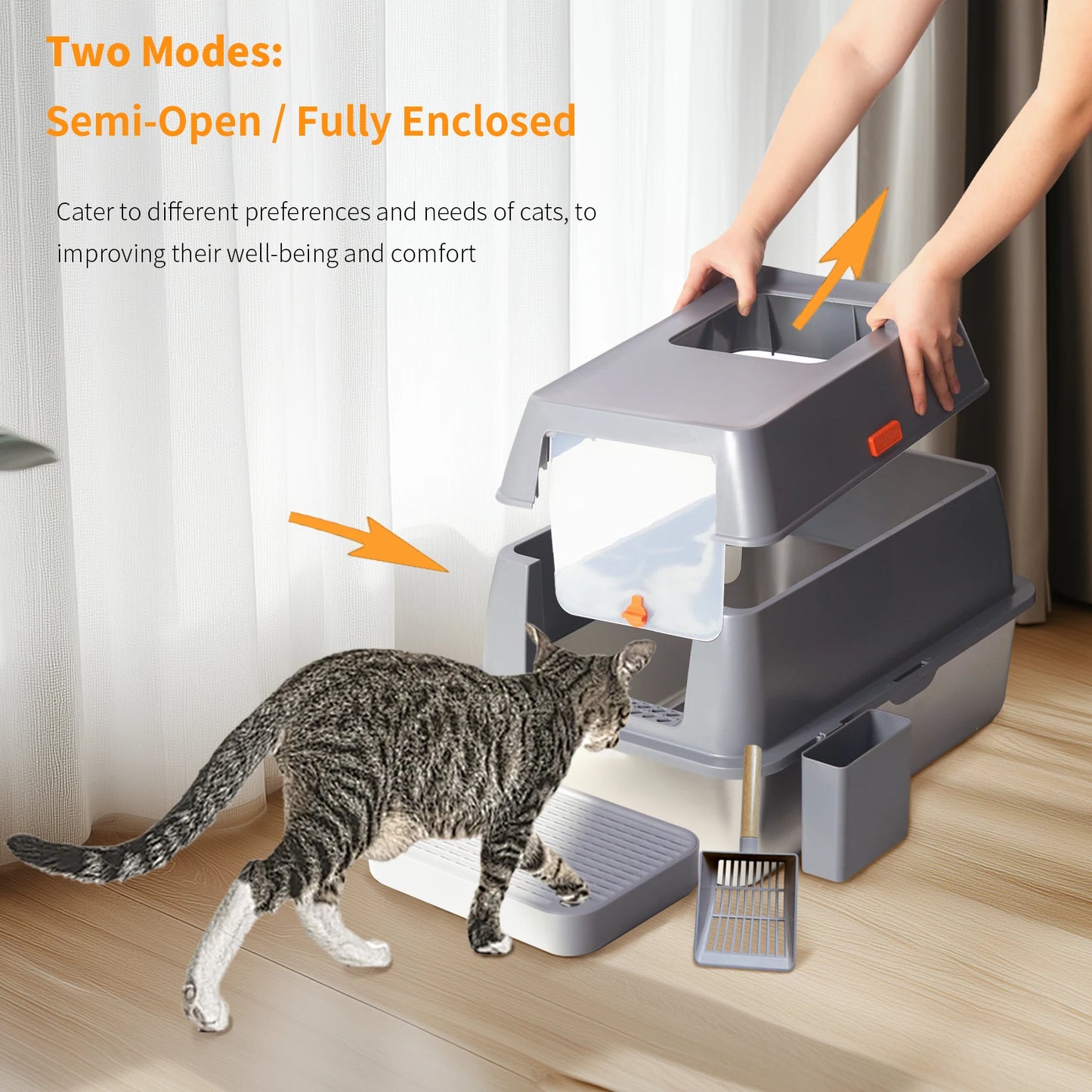 Bingopaw Cat Litter Box with Lid Enclosed Potty Large Top Entry Anti Splashing Toilet Easy to Clean with Litter Scoop