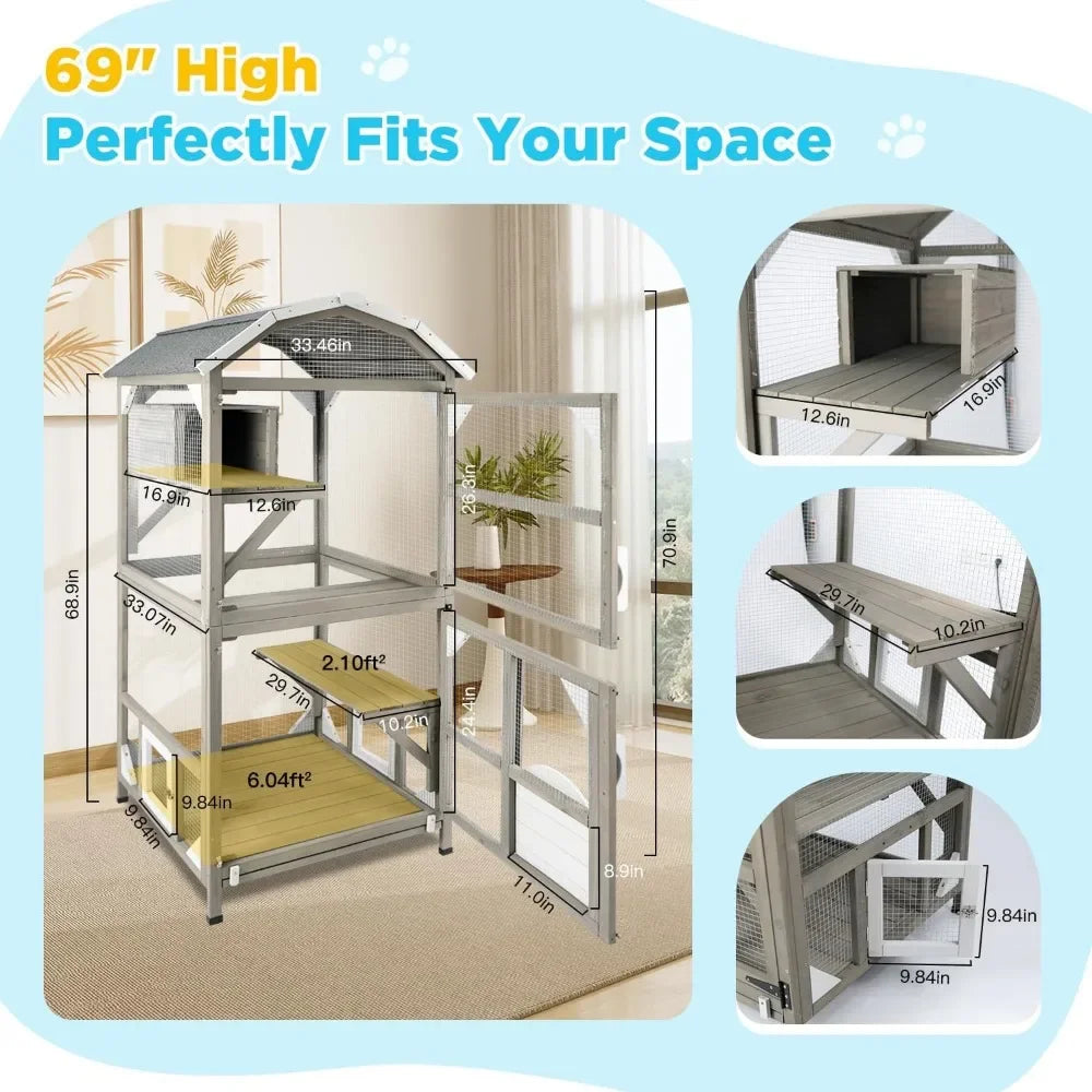 71 Inch Large Cat House Outdoor Catio Enclosure With Roof