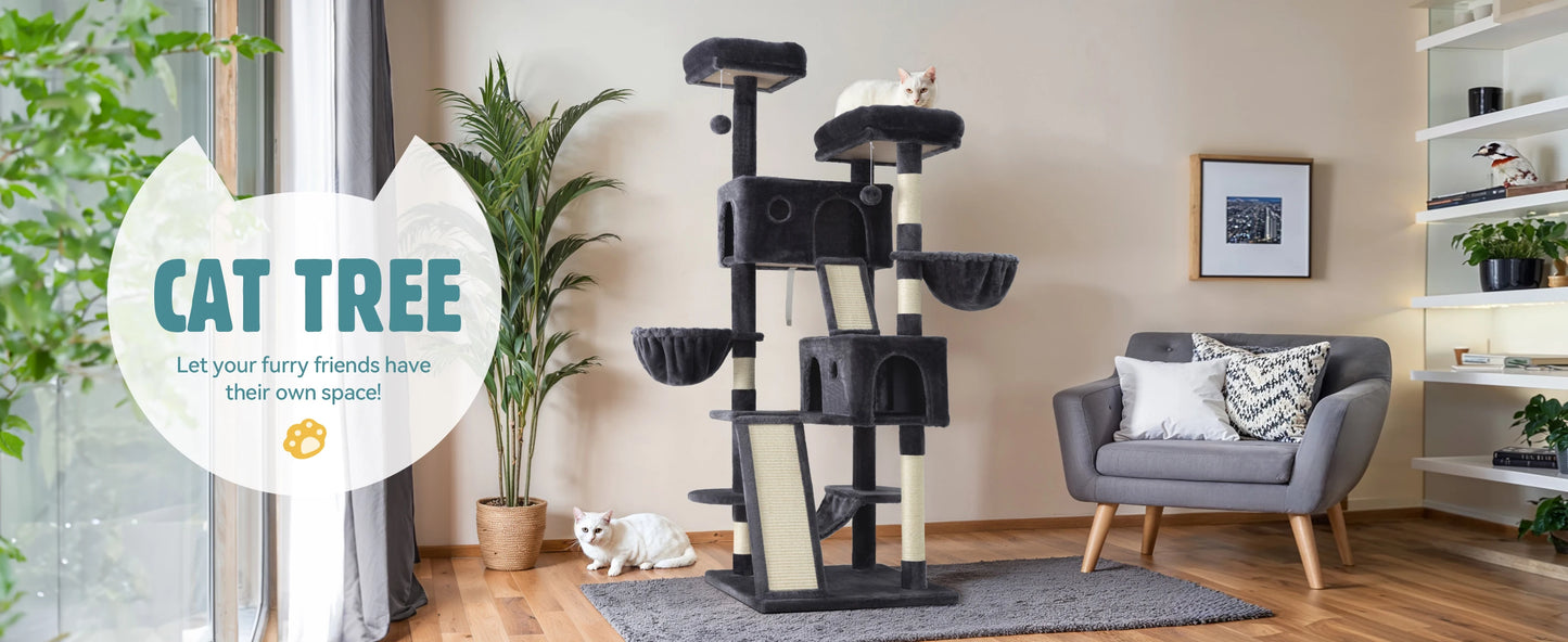 Hoomic 65 Inch Multi Level Large Cat Tree Tower Cozy Plush Cat Perches Cat Condo with Baskets Sisal Scratching Post