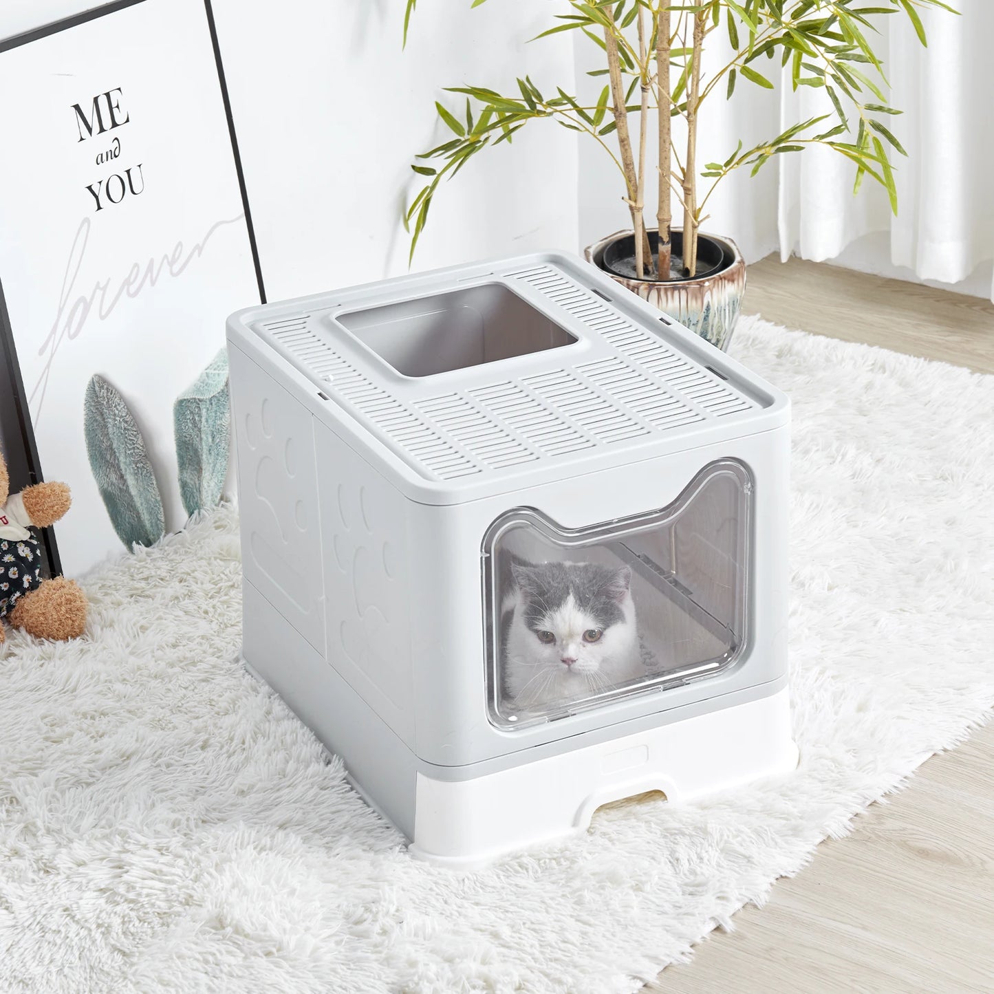 Bingopaw Cat Litter Box with Lid Enclosed Potty Large Top Entry Anti Splashing Toilet Easy to Clean with Litter Scoop