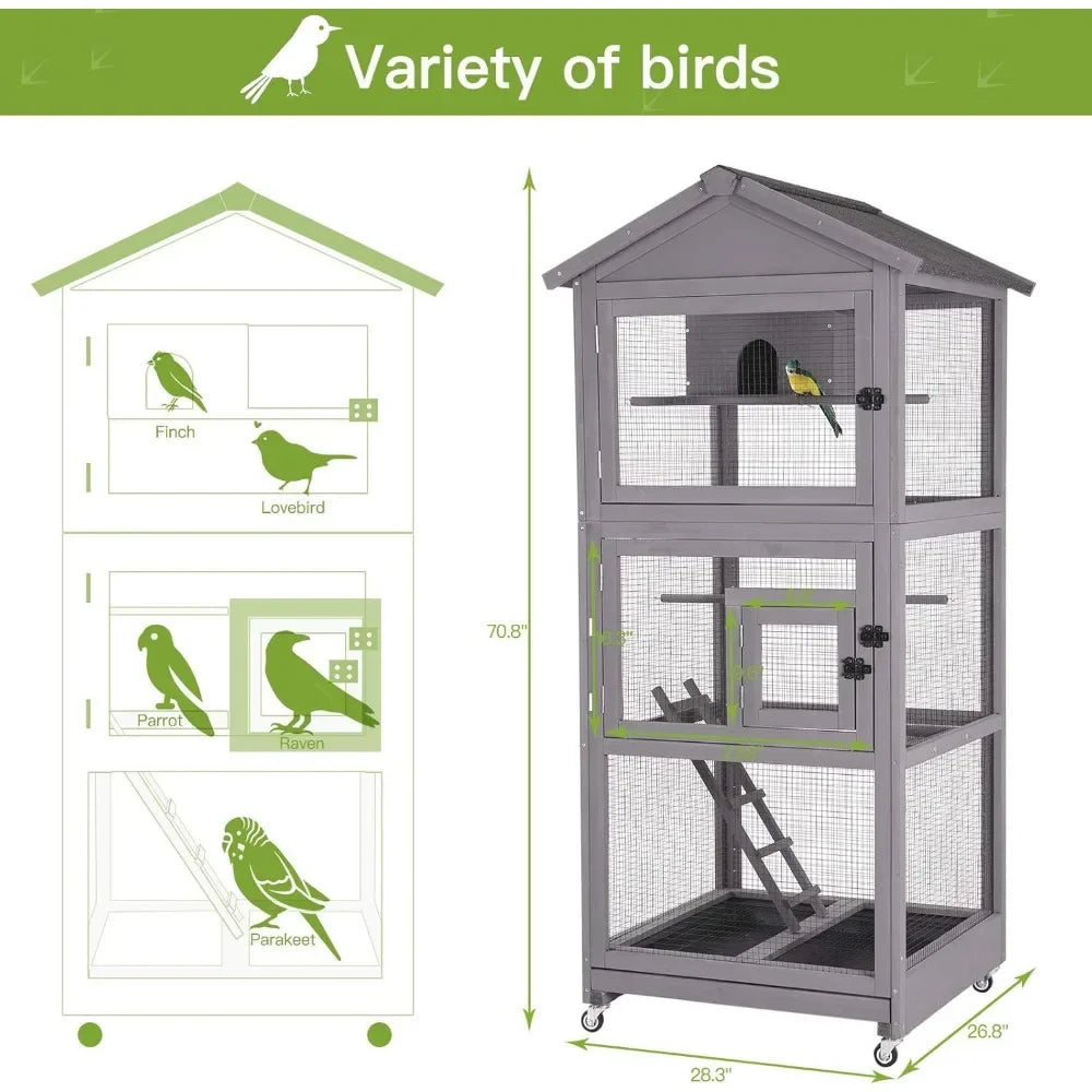 Outdoor Bird Aviary, Wooden Large Bird Cage on Wheels, Play Stand, Perches, Nest Habitat, Wire Mesh Included for Spacious Living