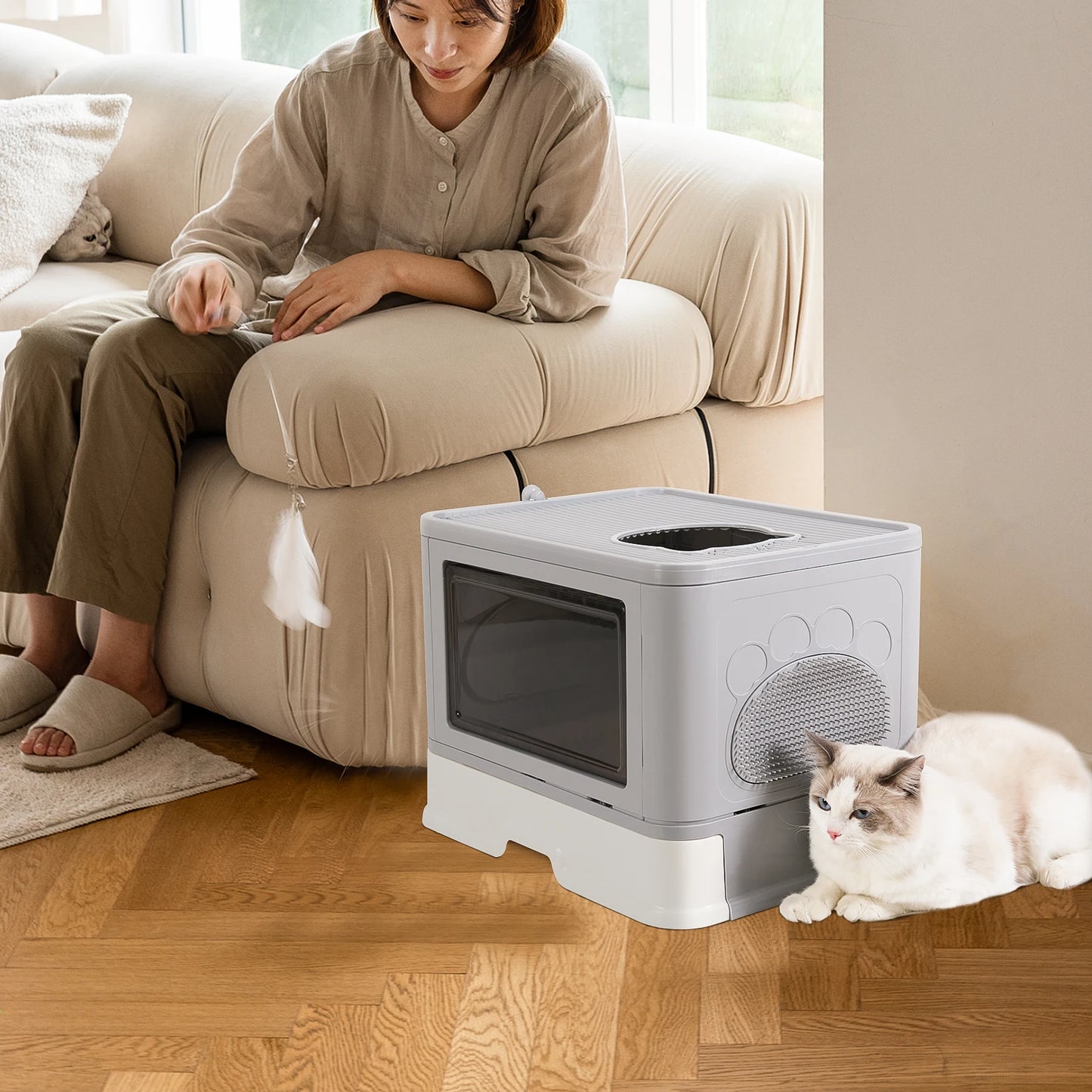 Bingopaw Cat Litter Box with Lid Enclosed Potty Large Top Entry Anti Splashing Toilet Easy to Clean with Litter Scoop