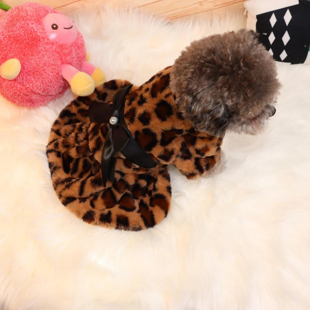 Winter Autumn Pet Warm Fashion Skirt Fleece Rainbow Candy Color Cute Plush Leopard Print Bow Dog Dress