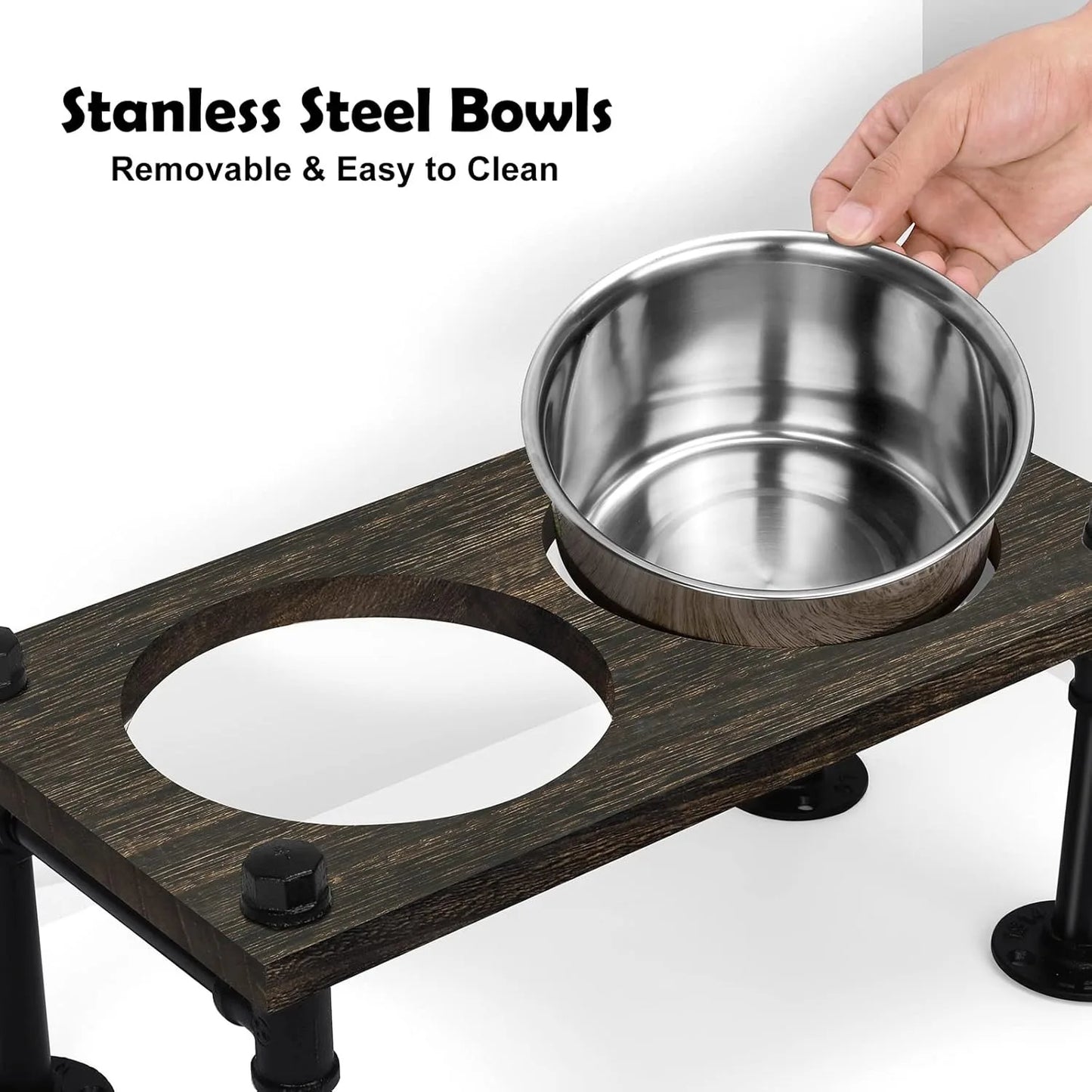 Raised Dog Bowl Stand for Large Dogs | Farmhouse Feeder w/ 2 Stainless Bowls | Waterproof Wood Board & Rustic Brown Design