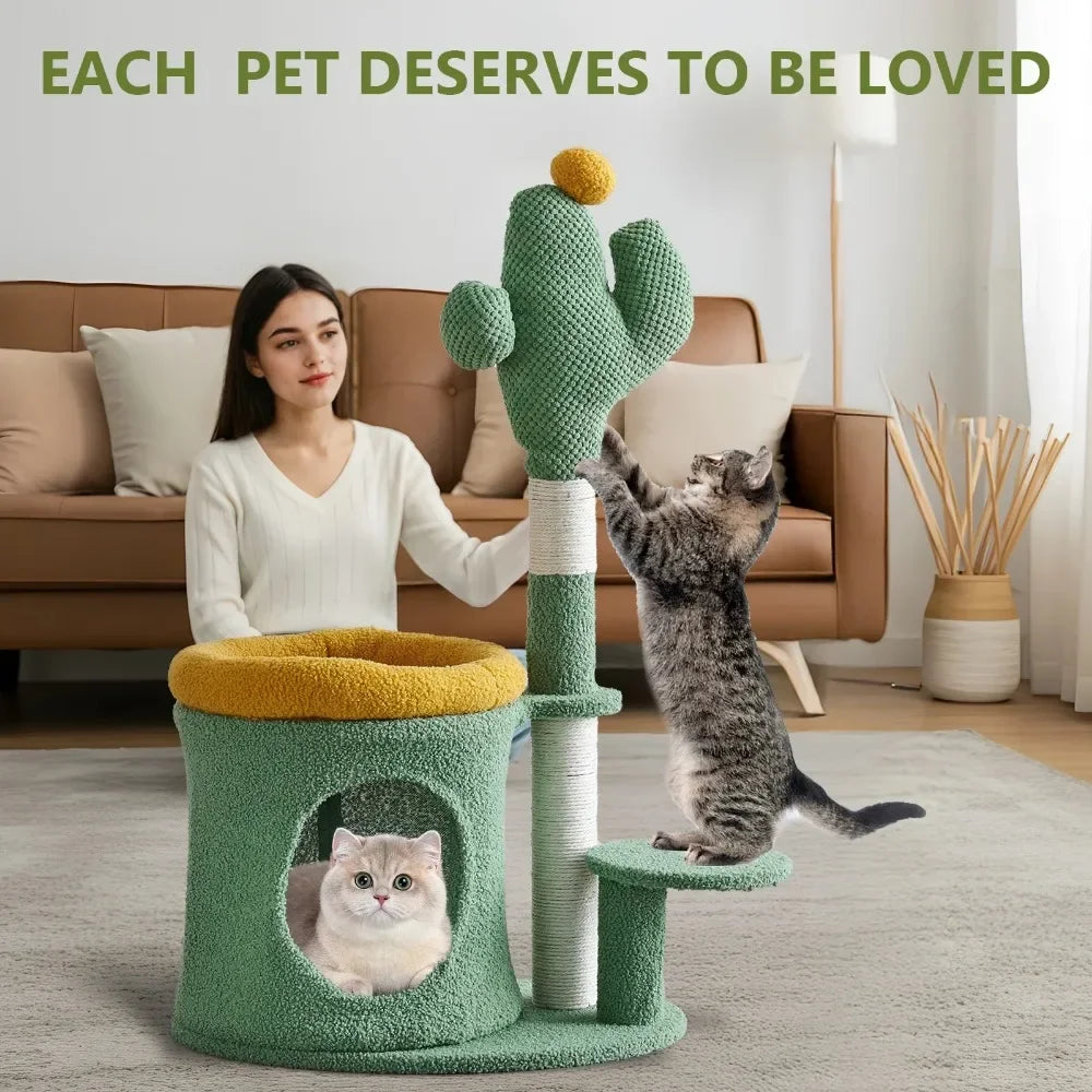 32 Inch Cat Tree with Cactus Cat Scratching Post Cozy Cat House for Indoor Cats Green