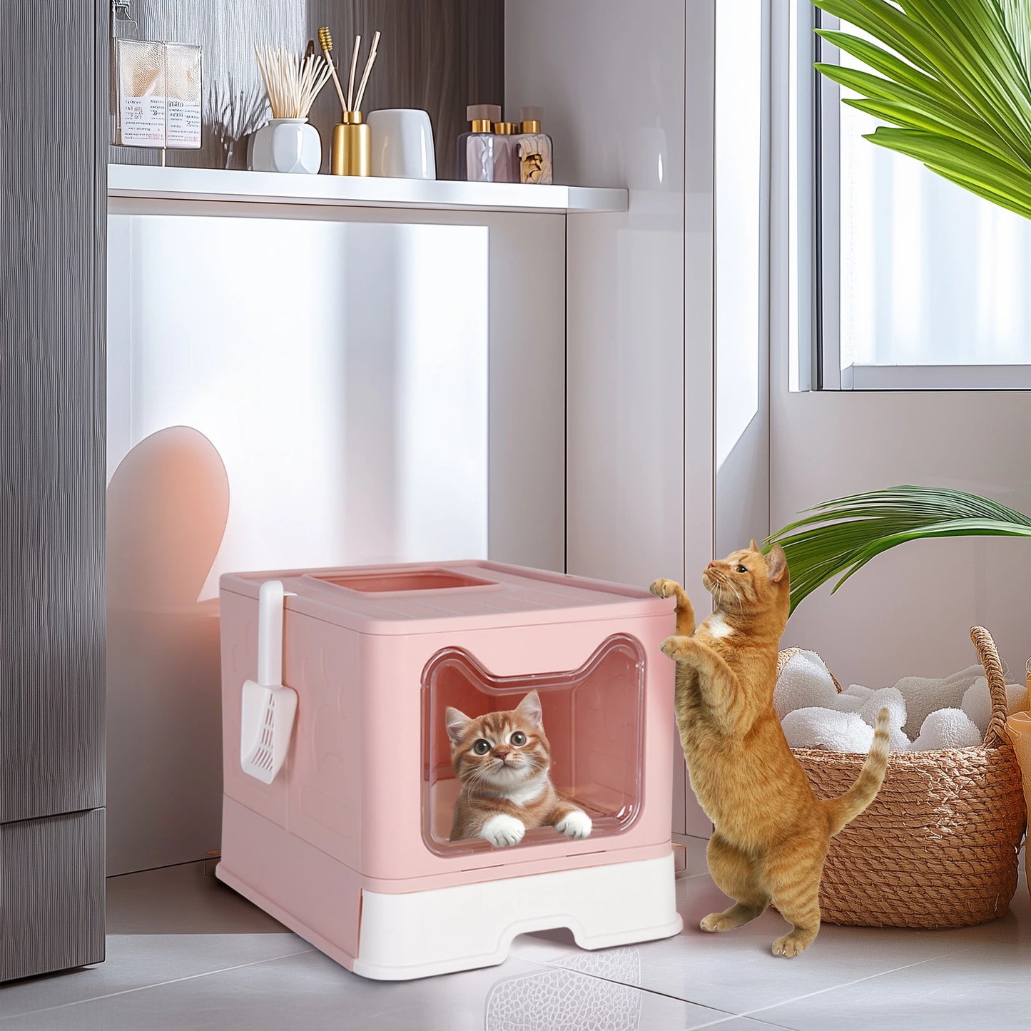 Bingopaw Cat Litter Box with Lid Enclosed Potty Large Top Entry Anti Splashing Toilet Easy to Clean with Litter Scoop