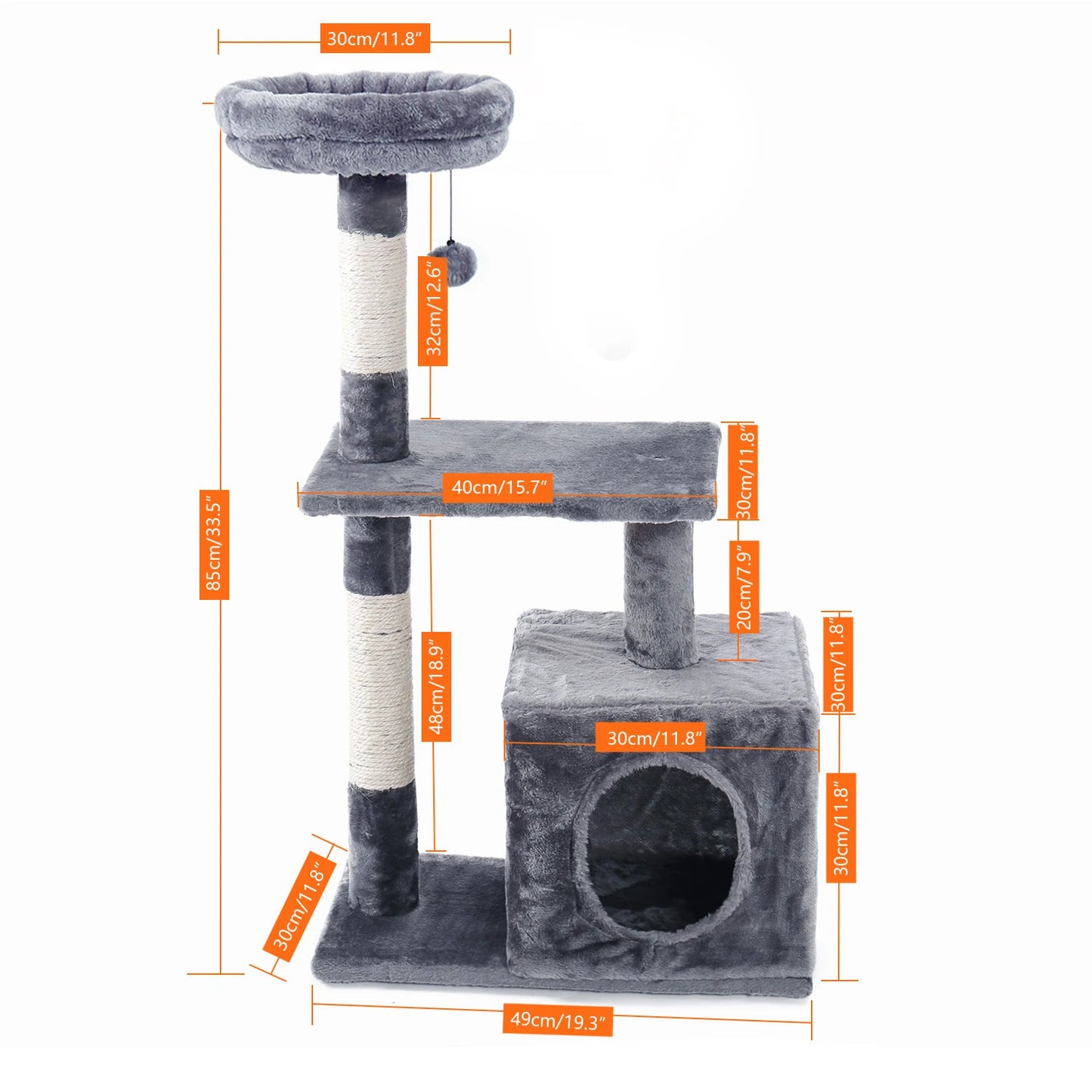 H228cm Cat Tree Toy Condo Multi-Layer Climbing Tower with Hammock Solid Wood Post for Cats