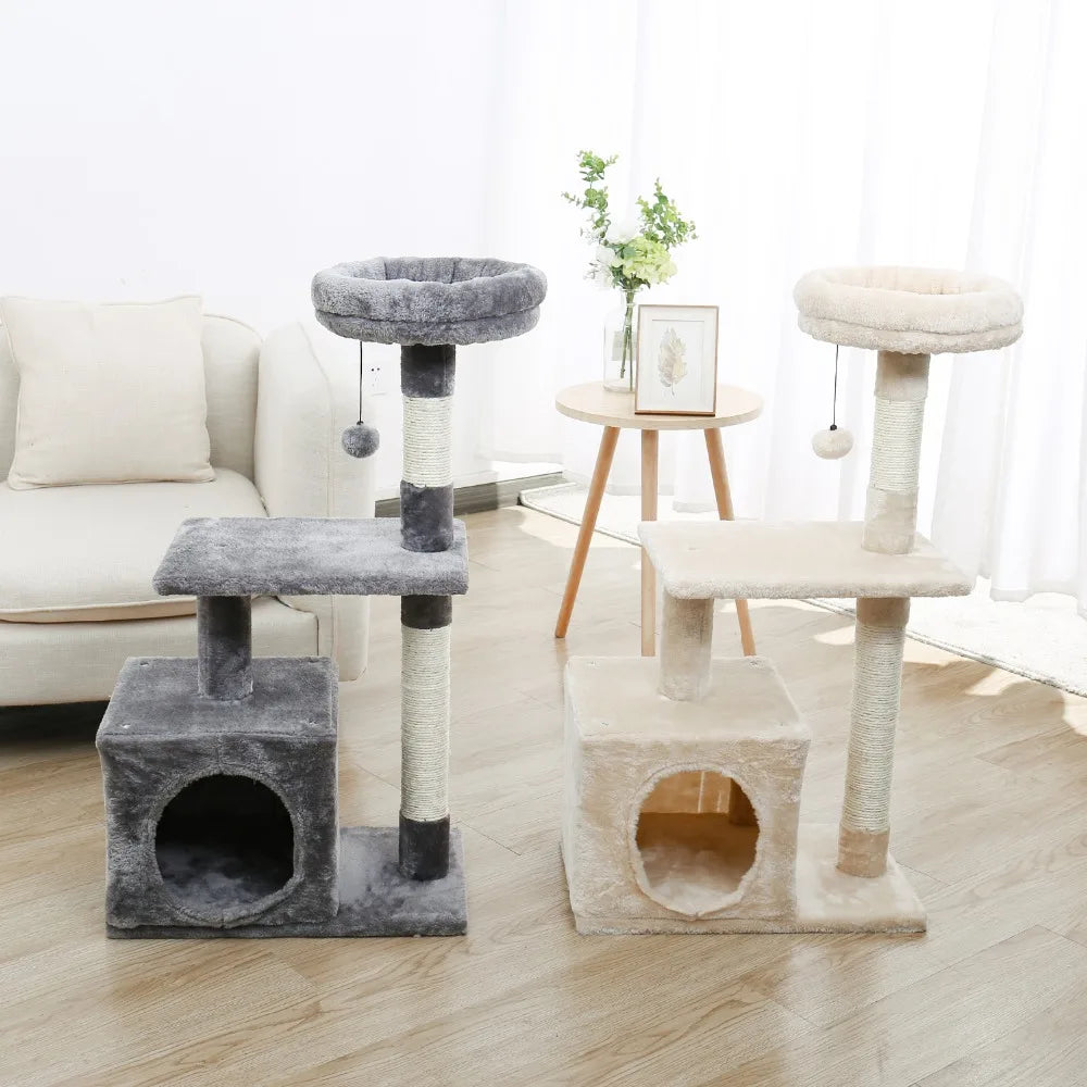H228cm Cat Tree Toy Condo Multi-Layer Climbing Tower with Hammock Solid Wood Post for Cats