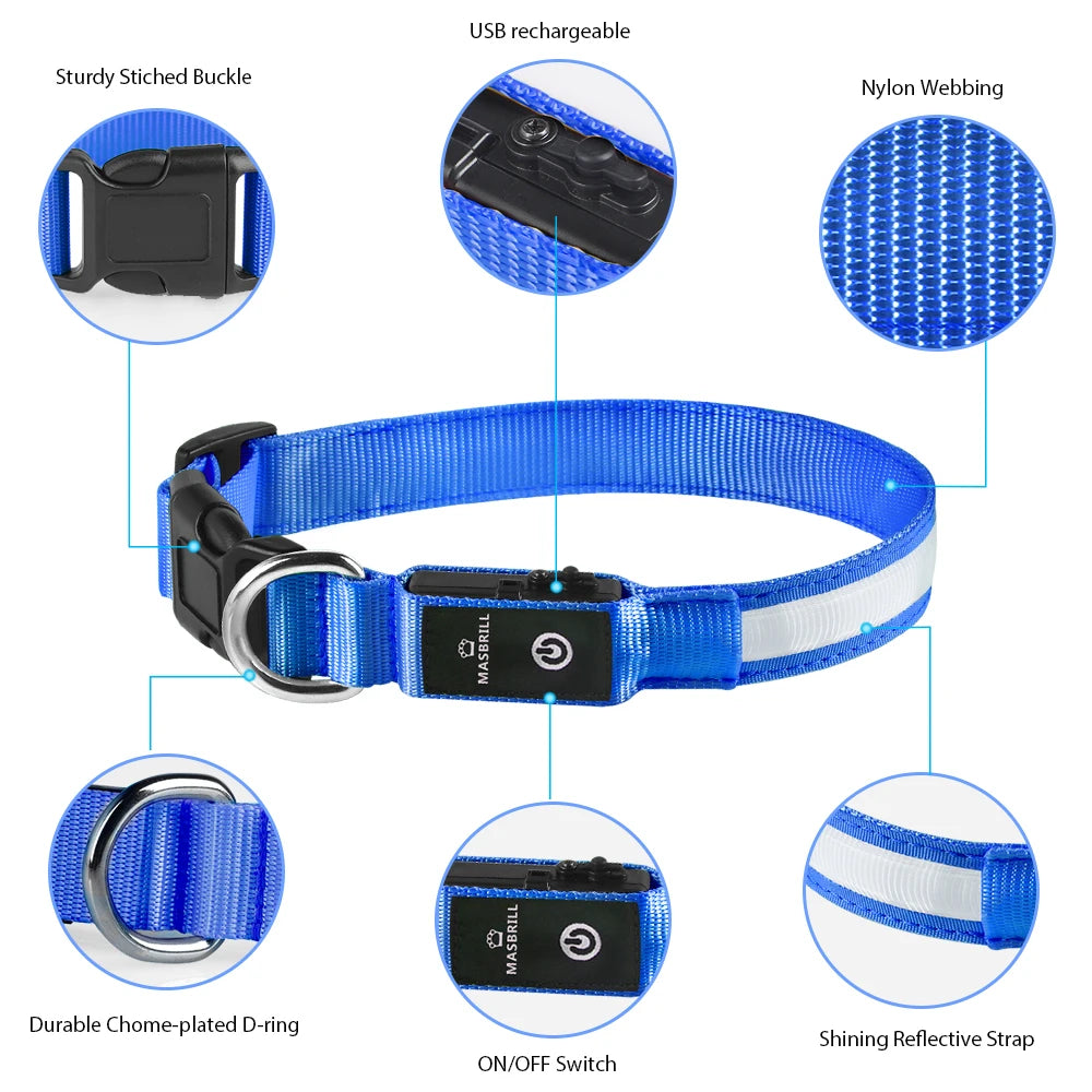 MASBRILL LED Dog Collar Luminous Pet Supplies Dog Collar Waterpoof Safety Glow Necklace Flashing Lighting Up Collars Accessories