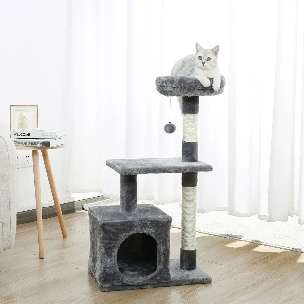 H228cm Cat Tree Toy Condo Multi-Layer Climbing Tower with Hammock Solid Wood Post for Cats