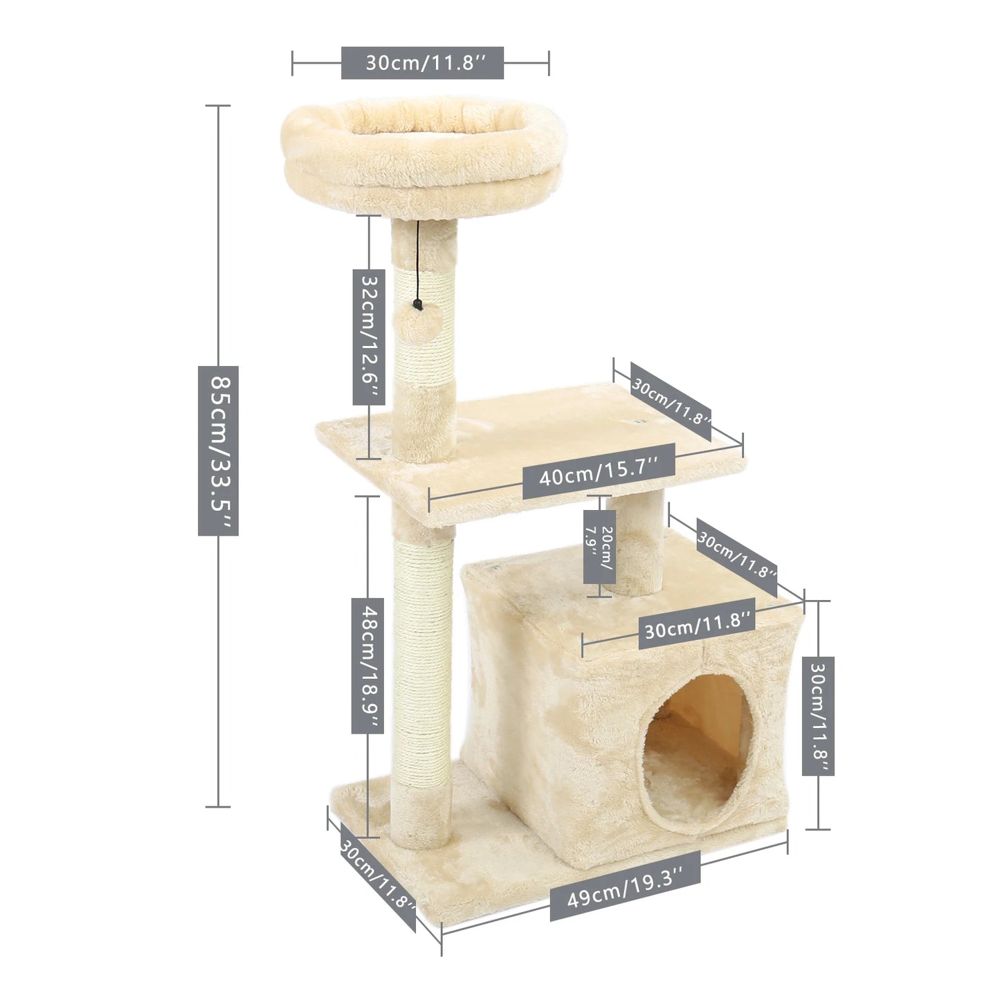 H228cm Cat Tree Toy Condo Multi-Layer Climbing Tower with Hammock Solid Wood Post for Cats