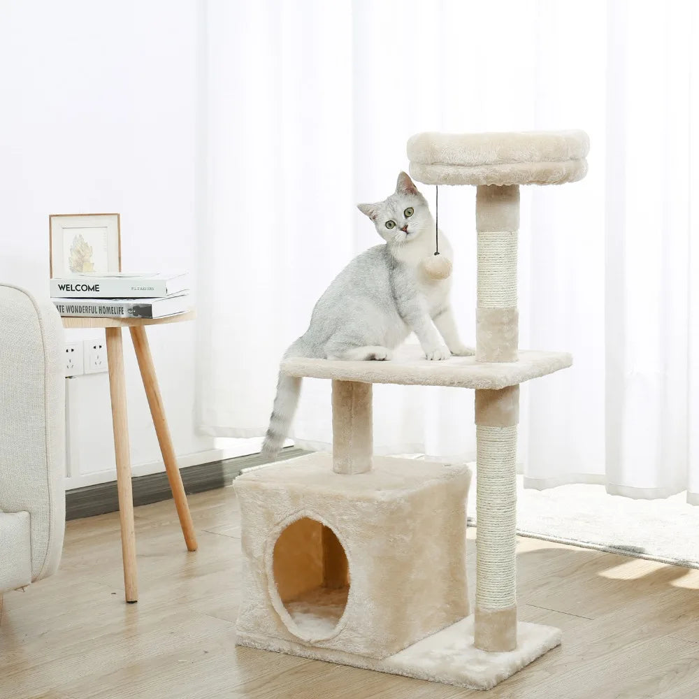 H228cm Cat Tree Toy Condo Multi-Layer Climbing Tower with Hammock Solid Wood Post for Cats