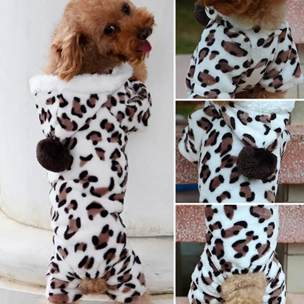 Leopard Print Flannel Dog Hoodie Winter Warm Jumpsuit