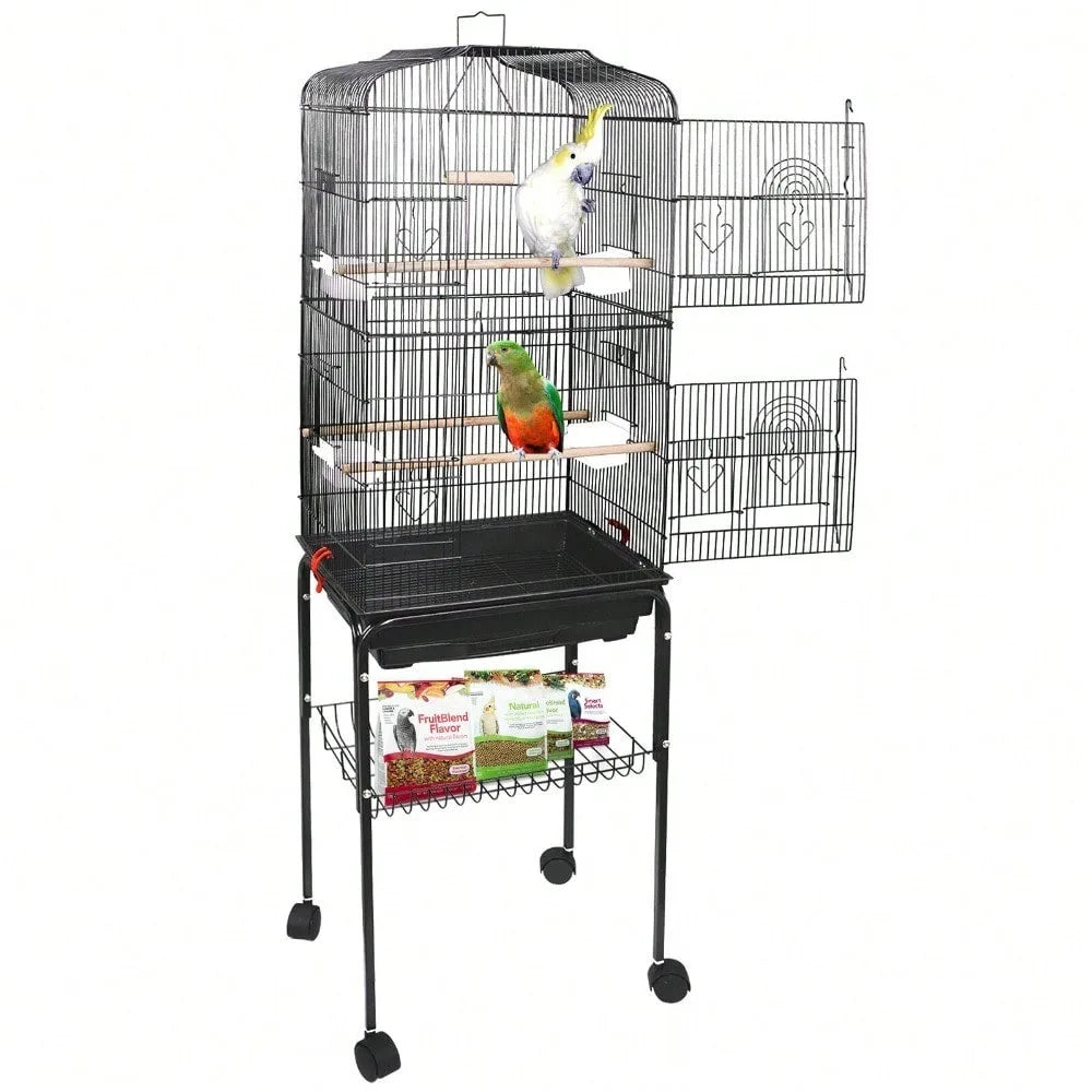59 Inch Tall Rolling Bird Cage for Cockatiel Parakeet Finch Canary with Stand and Tray