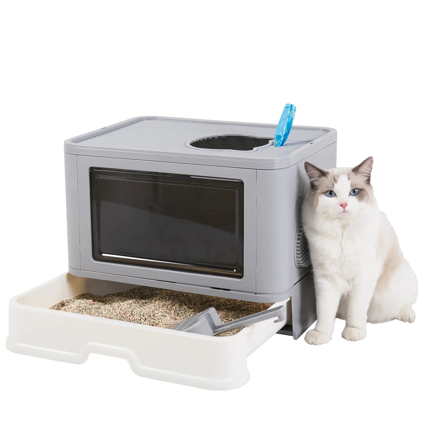 Foldable Cat Litter Box Front Entry Top Exit With Scoop