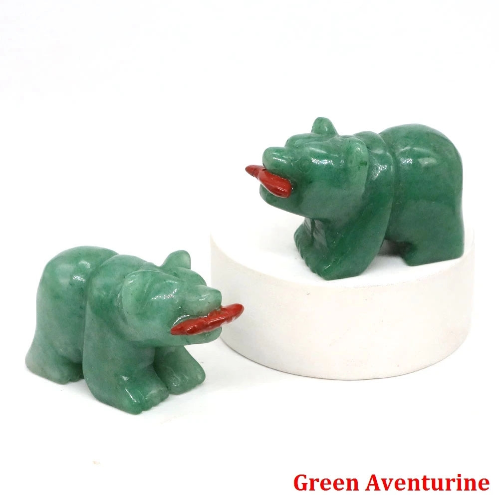 1.6" Natural Crystal Bear With Fish Figurine Healing Reiki Gemstone Carving Animal Statue Small Home Decoration Present Souvenir
