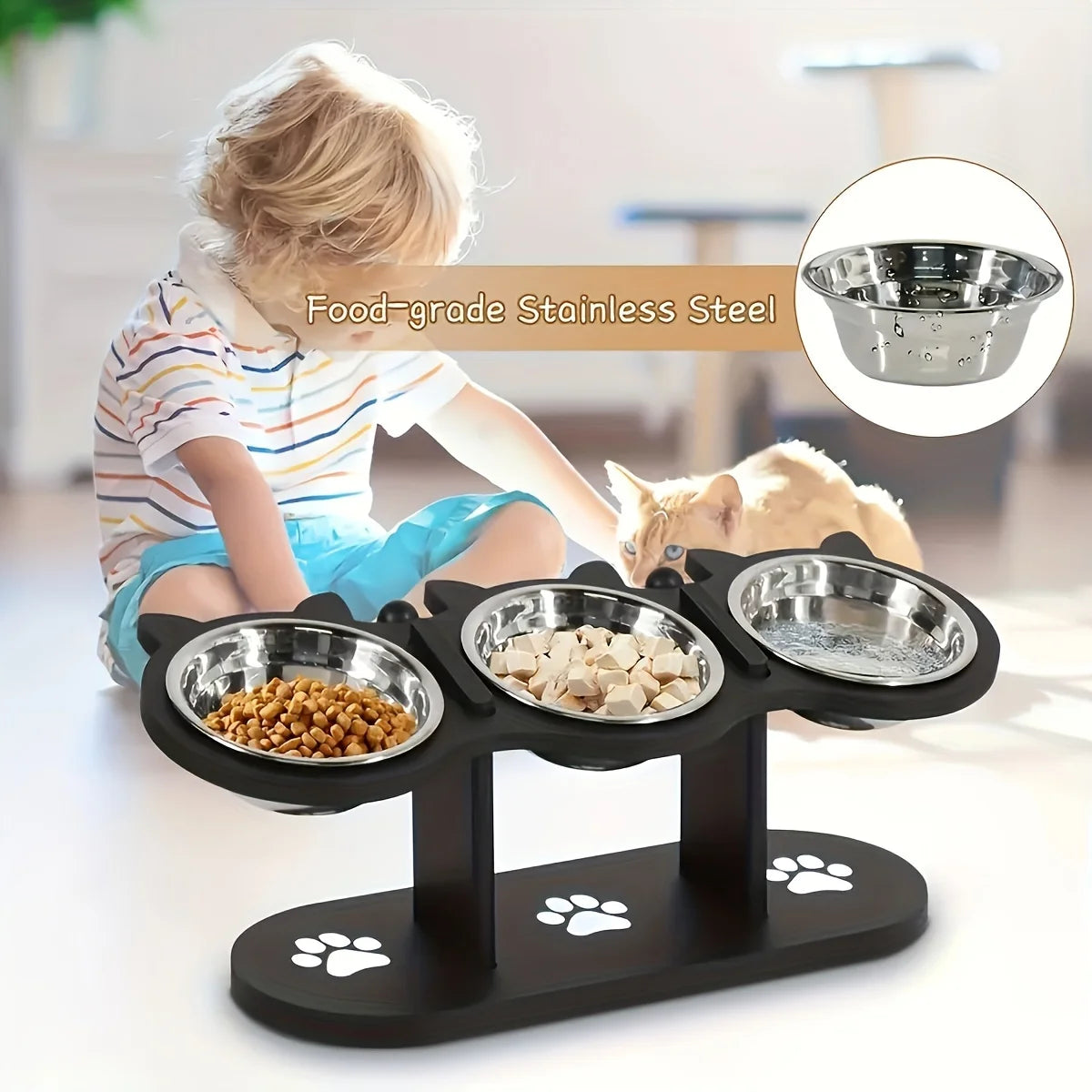 Raised Cat Bowls With Wooden Stand And Stainless Steel Bowls