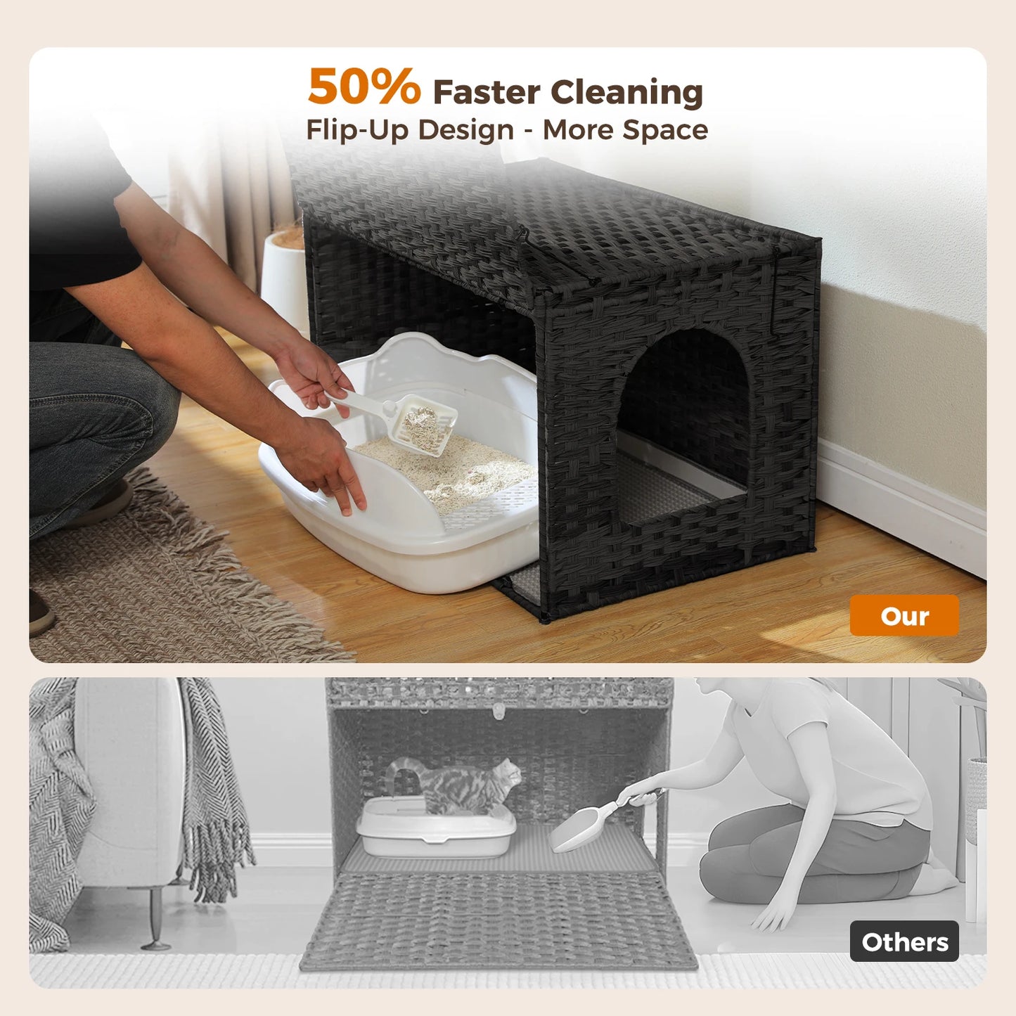 PEQULTICN Rattan Cat Litter Box Enclosure With Tall Doorway