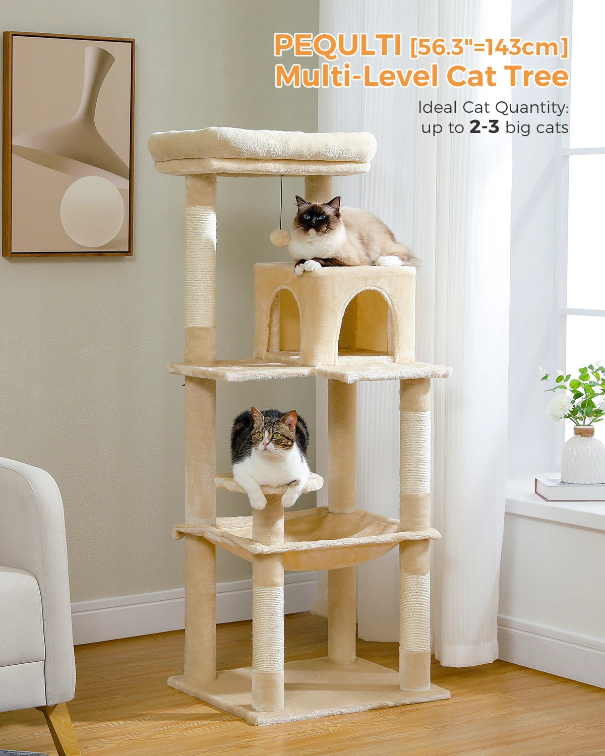 Cat Tree for Indoor Cats 5 Level Cat Tower with Large Hammock and Cozy Condo for Large Cats