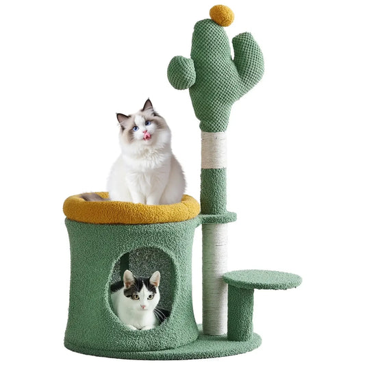 32 Inch Cat Tree with Cactus Cat Scratching Post Cozy Cat House for Indoor Cats Green