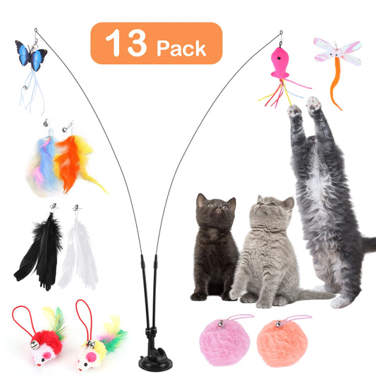 Pet Cat Toy Set Suction Cup Toy Set Double Headed Replacement Head Toy Suit Handfree Cat Toy Stick for Floor Glass Door Panel