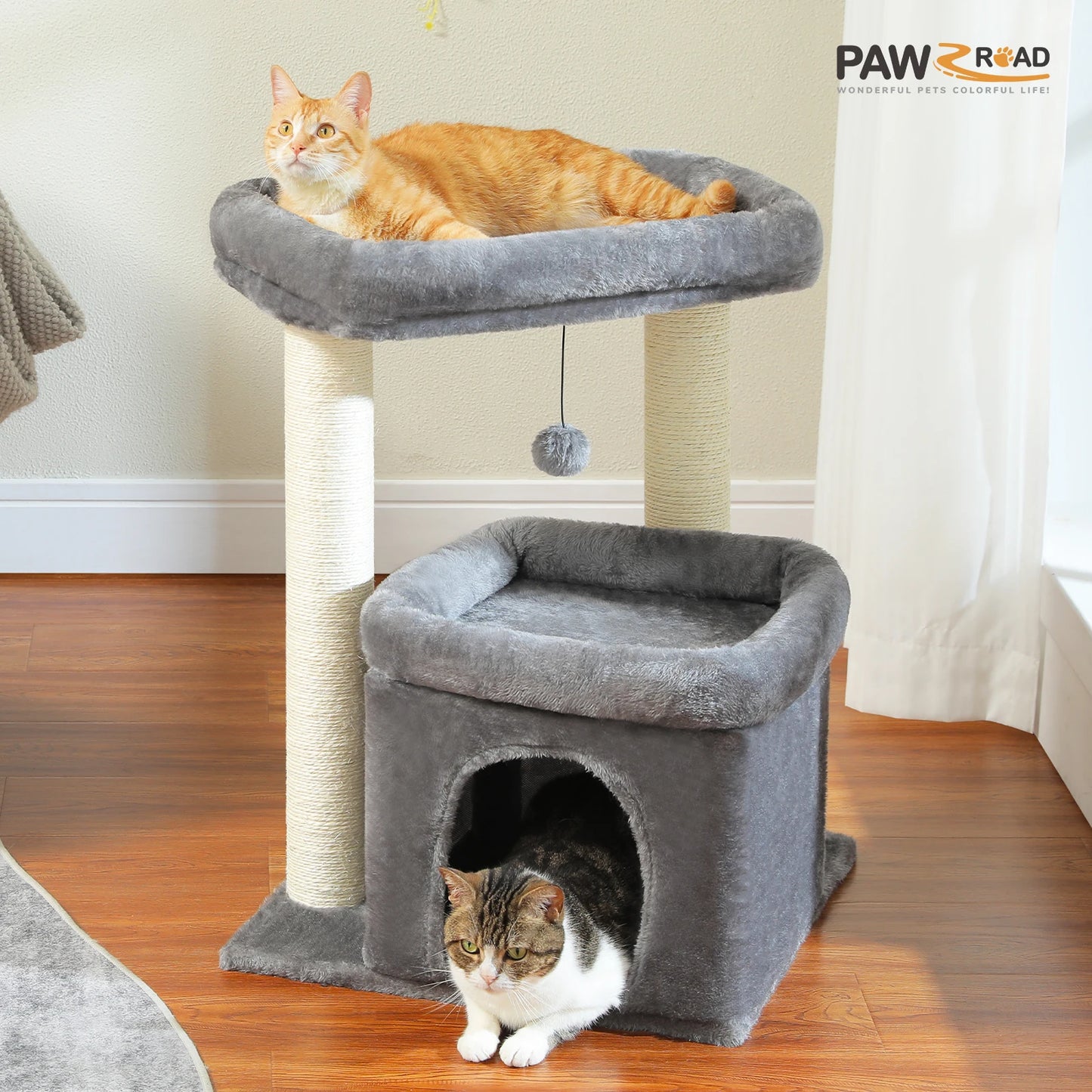 H228cm Cat Tree Toy Condo Multi-Layer Climbing Tower with Hammock Solid Wood Post for Cats