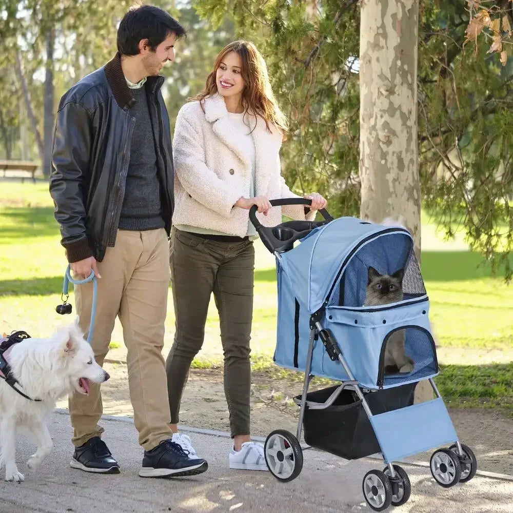 Blue 4 Wheel Pet Stroller for Cats and Dogs Foldable Carrier Jogger Travel with Basket