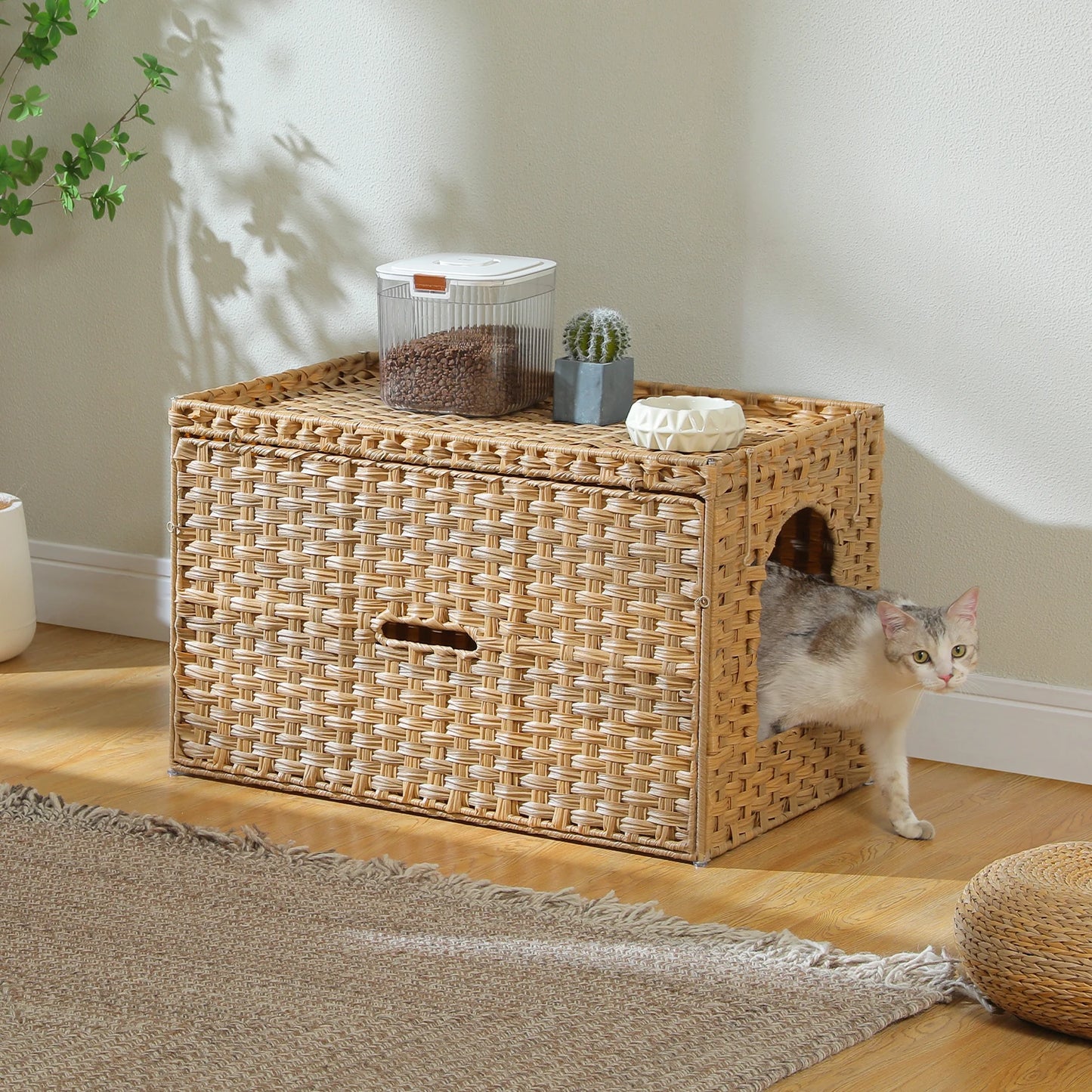 PEQULTICN Rattan Cat Litter Box Enclosure With Tall Doorway