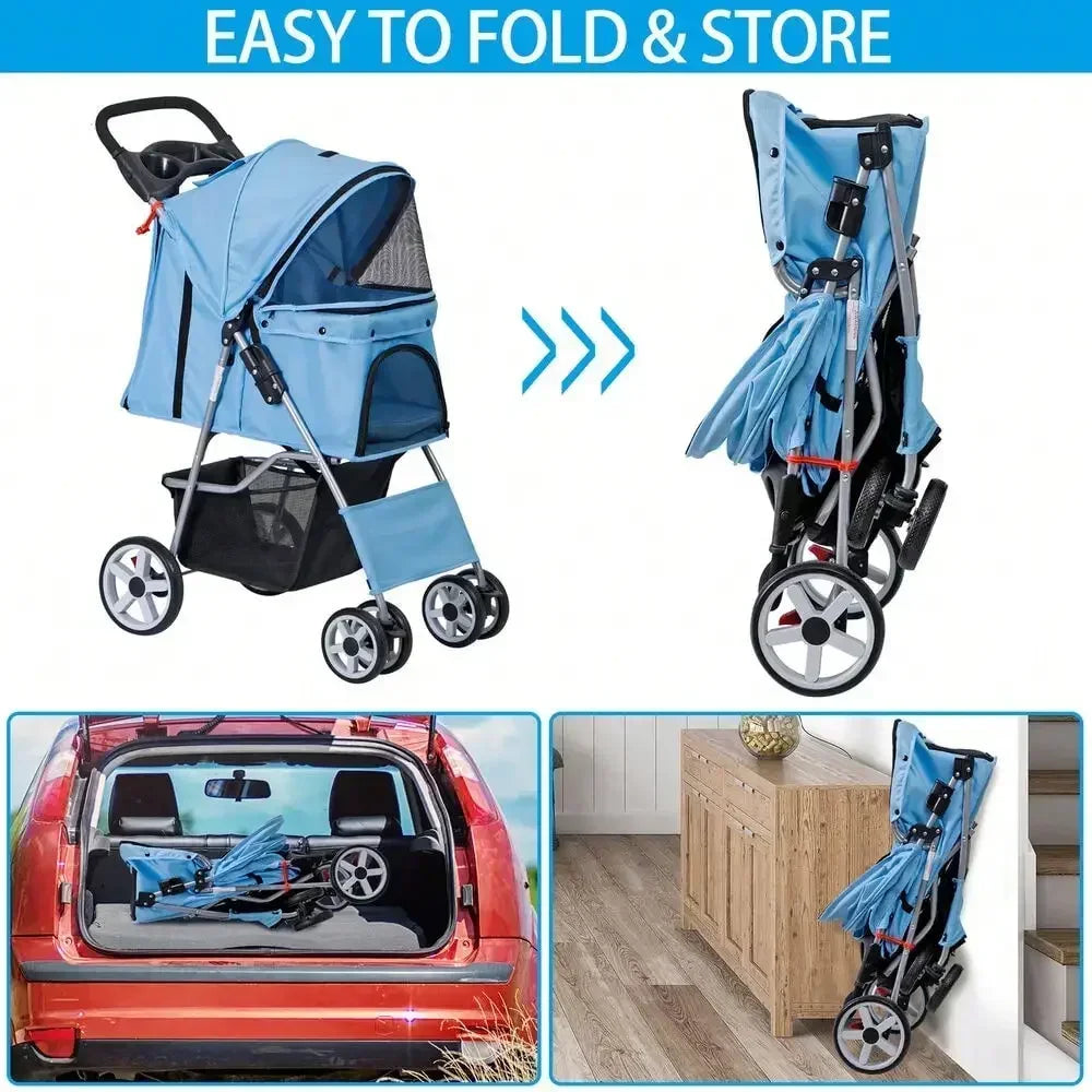 Blue 4 Wheel Pet Stroller for Cats and Dogs Foldable Carrier Jogger Travel with Basket