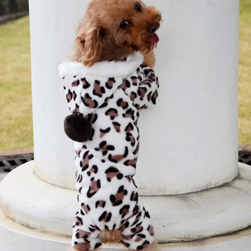 Dog Hoodie Hooded Flannel Winter Warm Leopard Printed Pet Puppy Jumpsuit Pajamas Outwear for Home